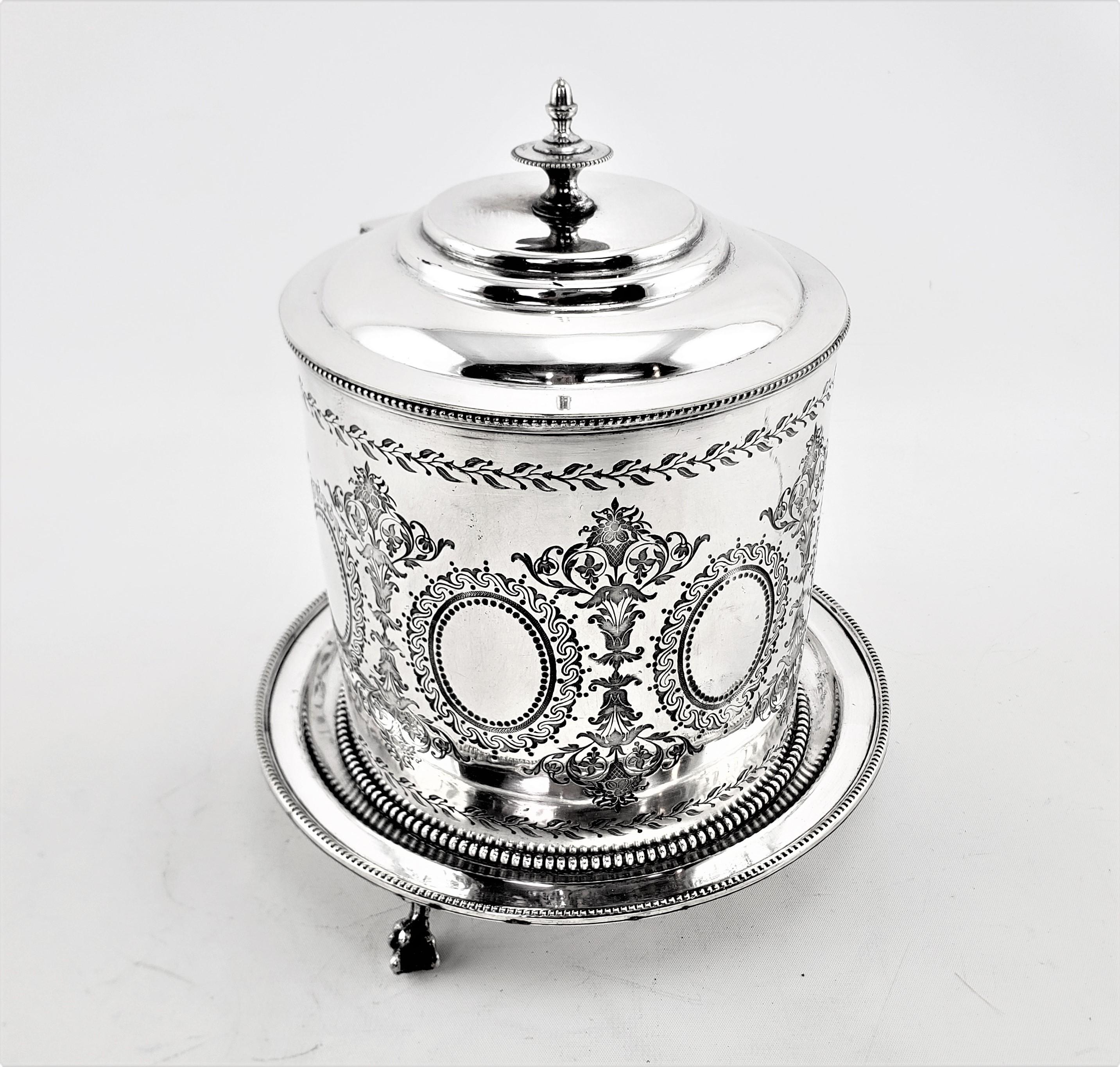 Victorian Antique English Silver Plated Oval Biscuit Barrel with Elaborate Engraving For Sale