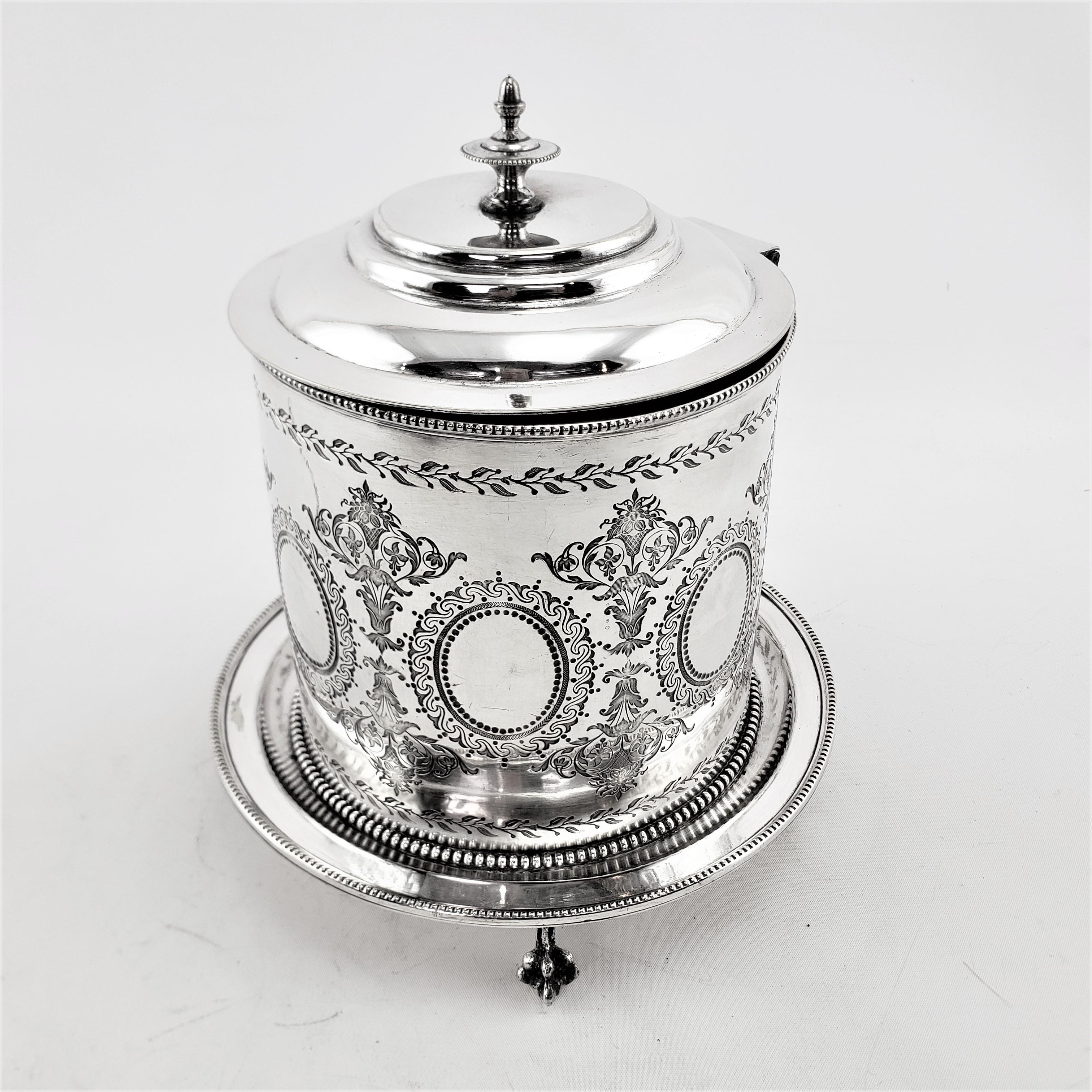 Engraved Antique English Silver Plated Oval Biscuit Barrel with Elaborate Engraving For Sale