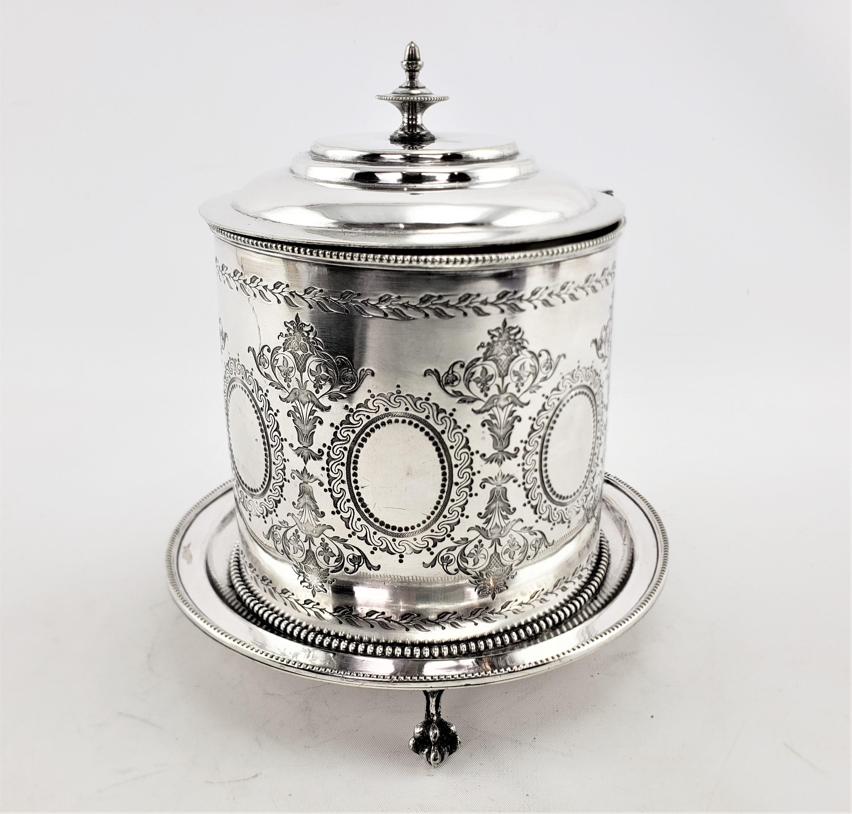 Antique English Silver Plated Oval Biscuit Barrel with Elaborate Engraving In Good Condition For Sale In Hamilton, Ontario
