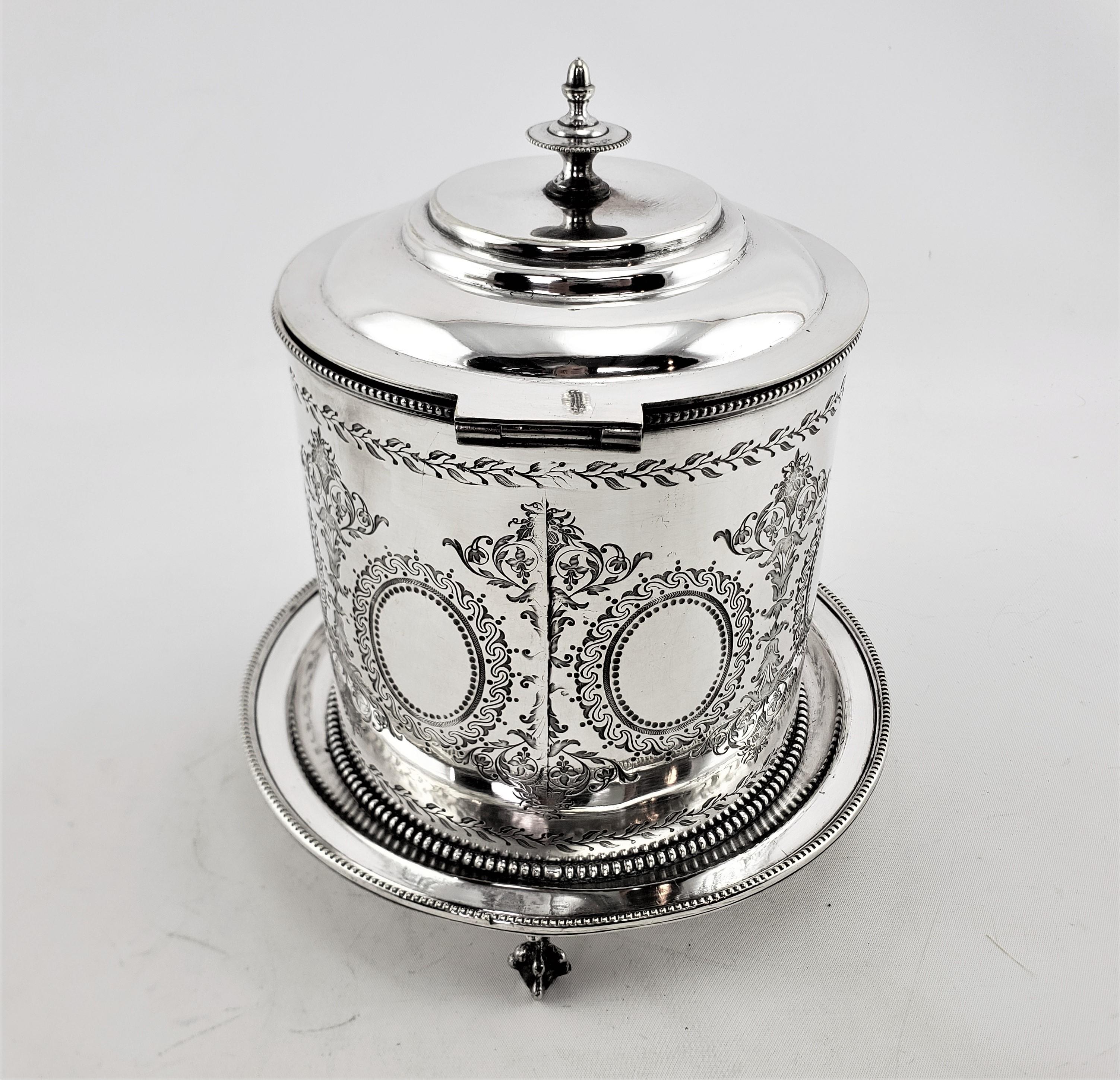 19th Century Antique English Silver Plated Oval Biscuit Barrel with Elaborate Engraving For Sale