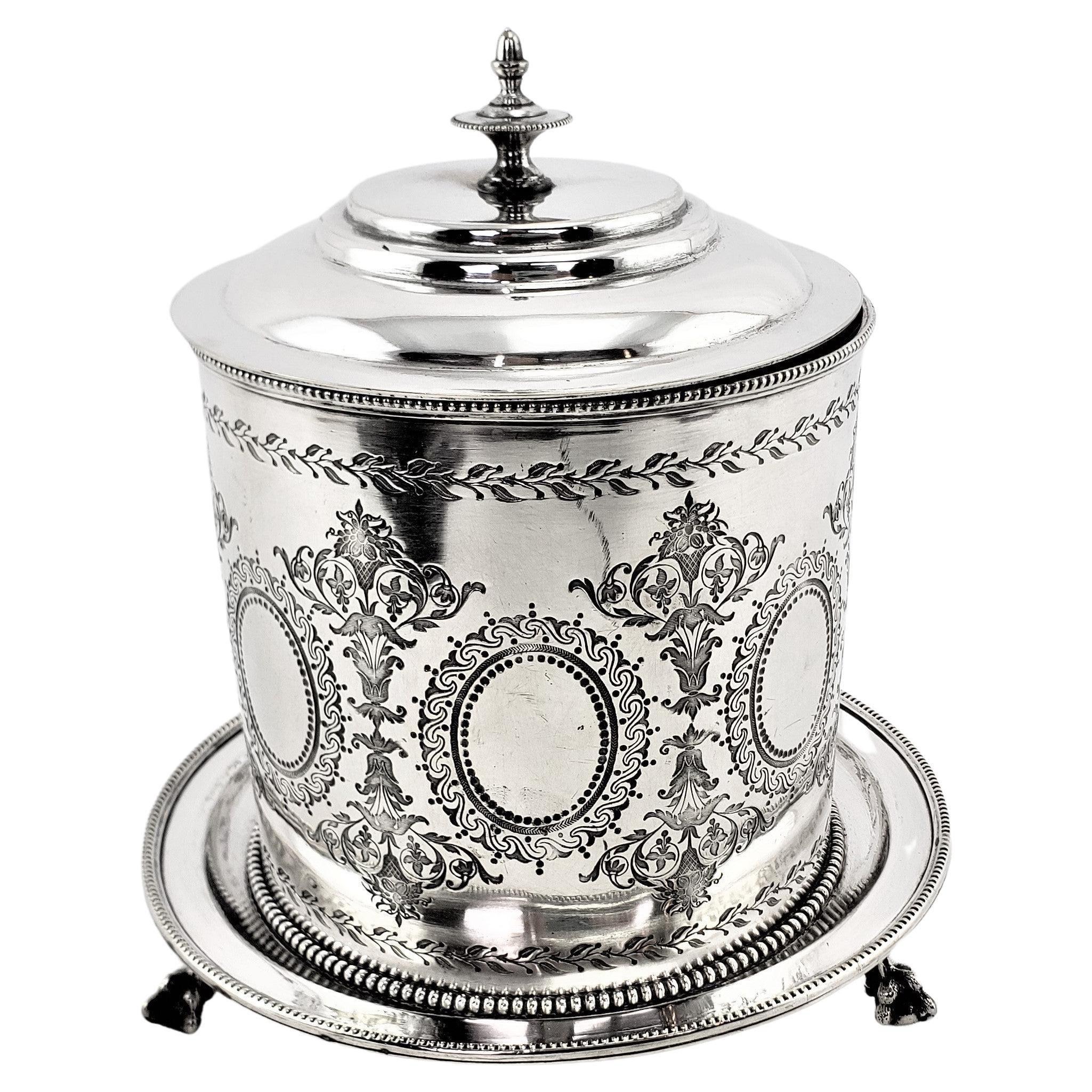 Antique English Silver Plated Oval Biscuit Barrel with Elaborate Engraving For Sale