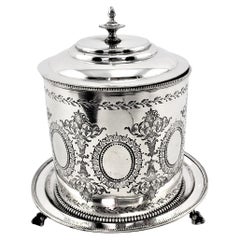 Vintage English Silver Plated Oval Biscuit Barrel with Elaborate Engraving