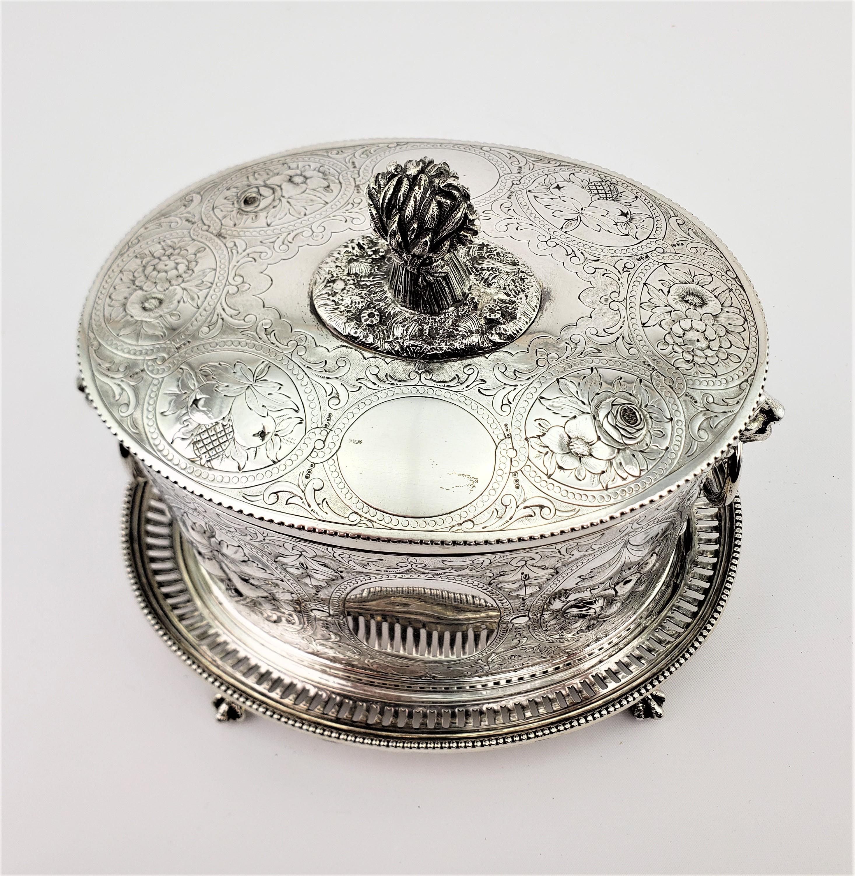 Engraved Antique English Silver Plated Oval Biscuit Barrel with Harvest Decoration