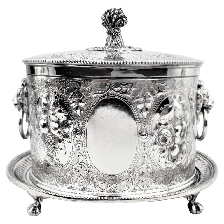 Antique English Silver Plated Oval Biscuit Barrel with Harvest