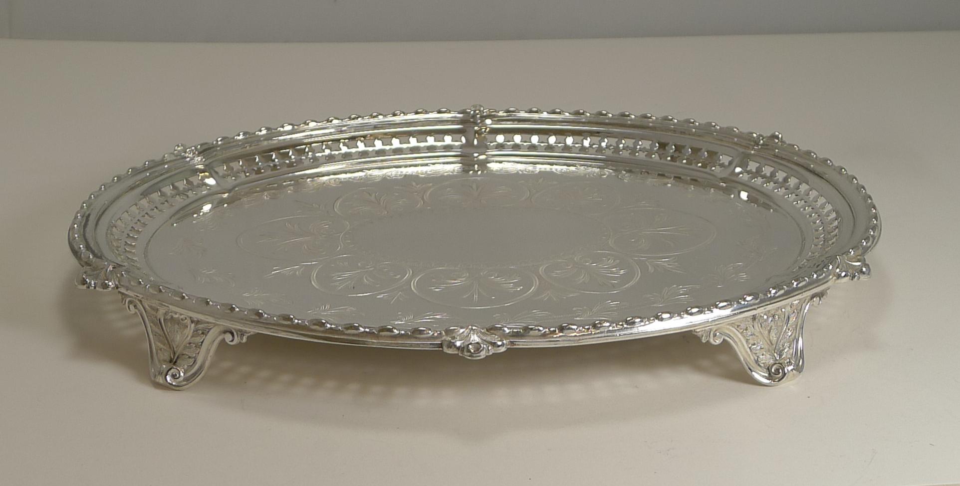 Victorian Antique English Silver Plated Oval Serving Tray / Salver, circa 1869