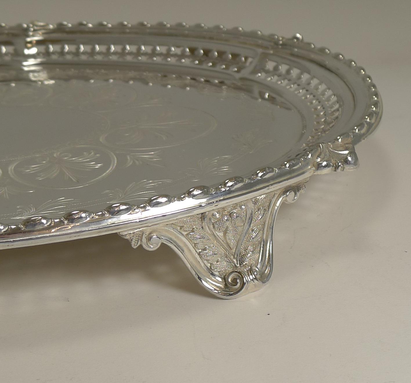 Antique English Silver Plated Oval Serving Tray / Salver, circa 1869 In Good Condition In Bath, GB