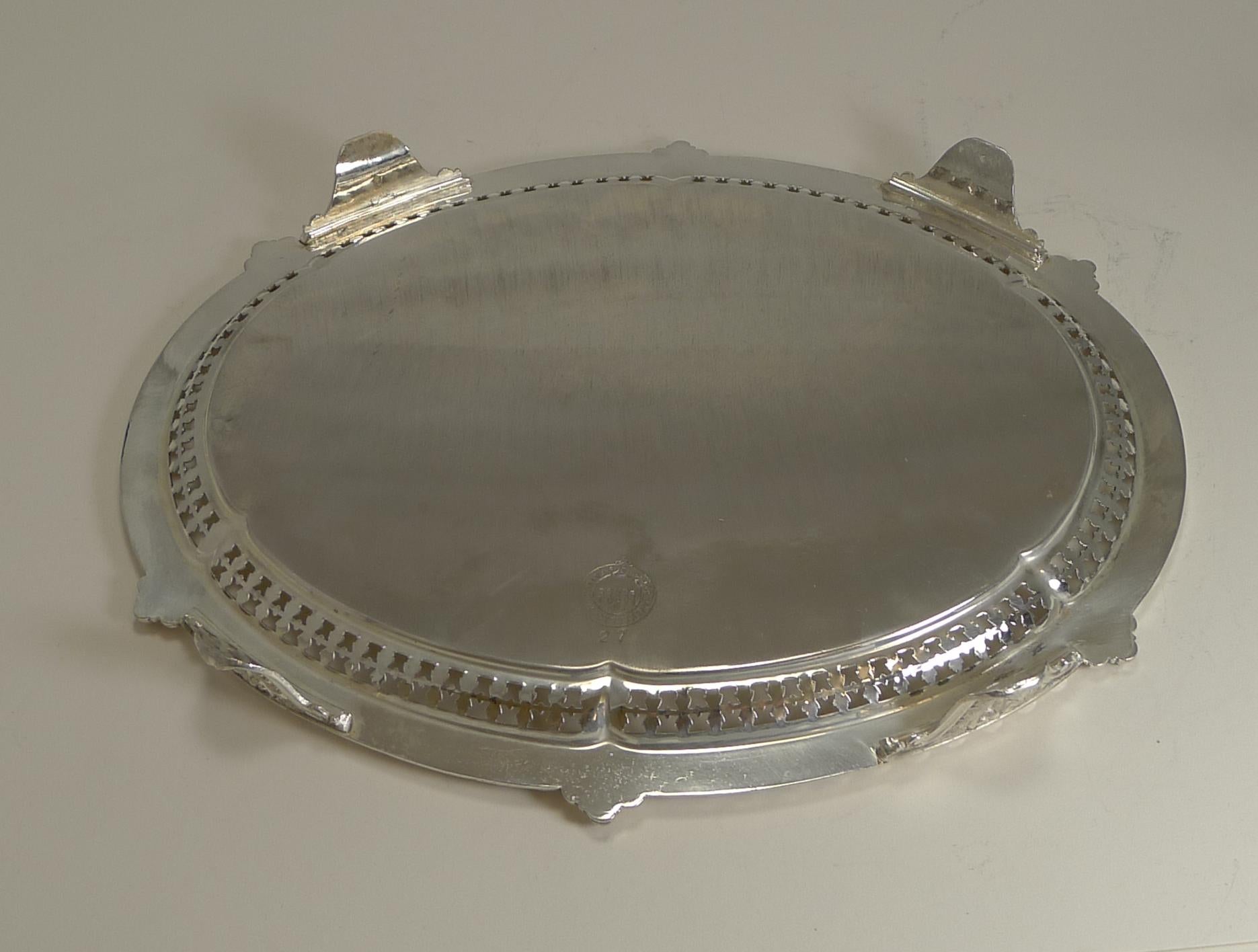 Mid-19th Century Antique English Silver Plated Oval Serving Tray / Salver, circa 1869