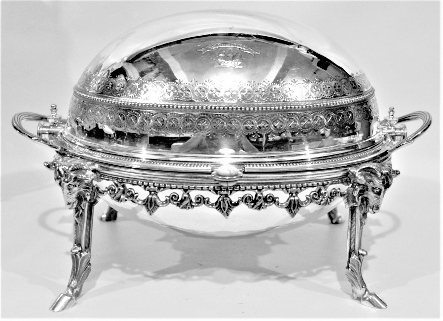 Antique English Silver Plated Revolving Breakfast Dome with Figural Ram Accents For Sale 2