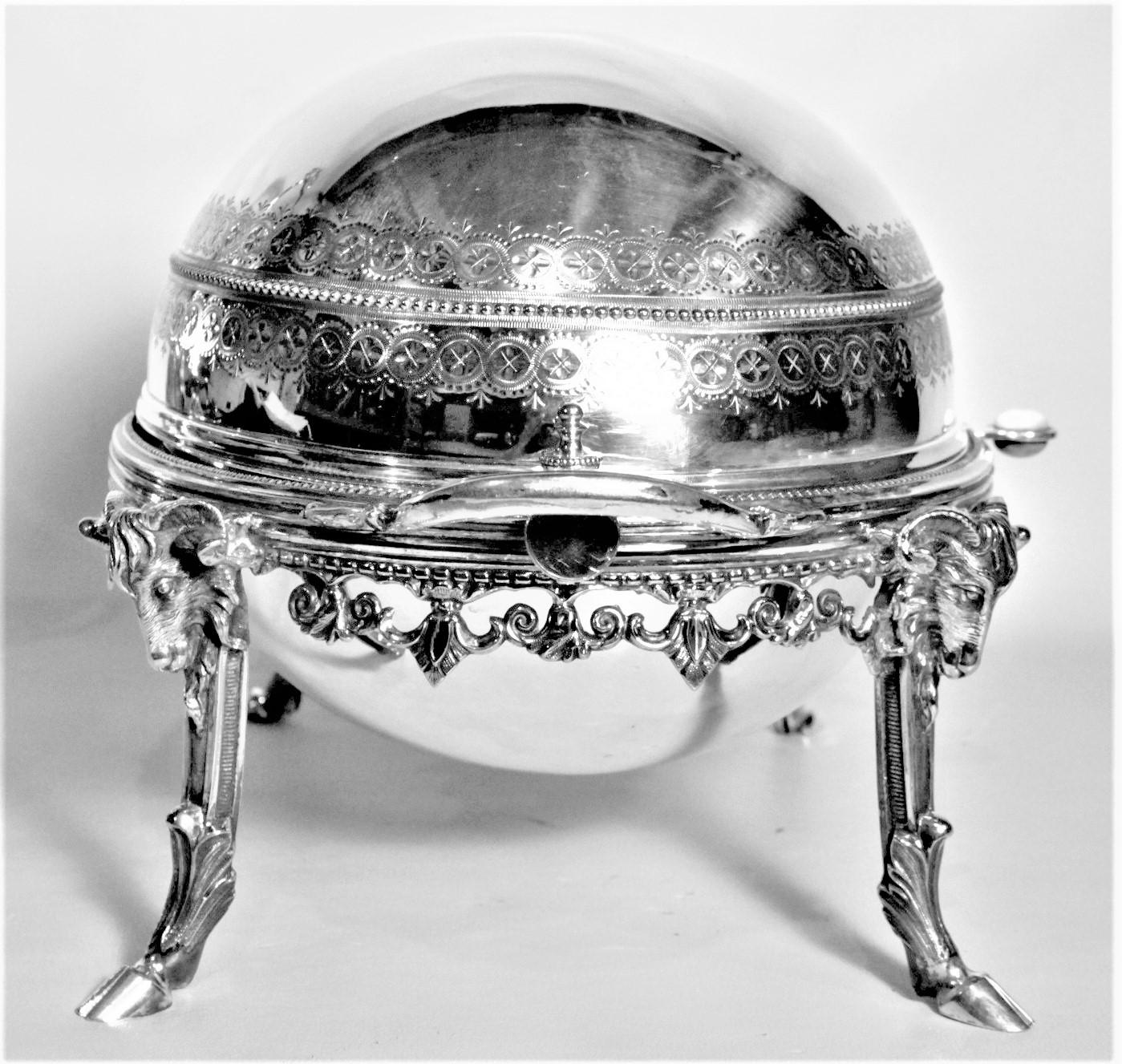 High Victorian Antique English Silver Plated Revolving Breakfast Dome with Figural Ram Accents For Sale