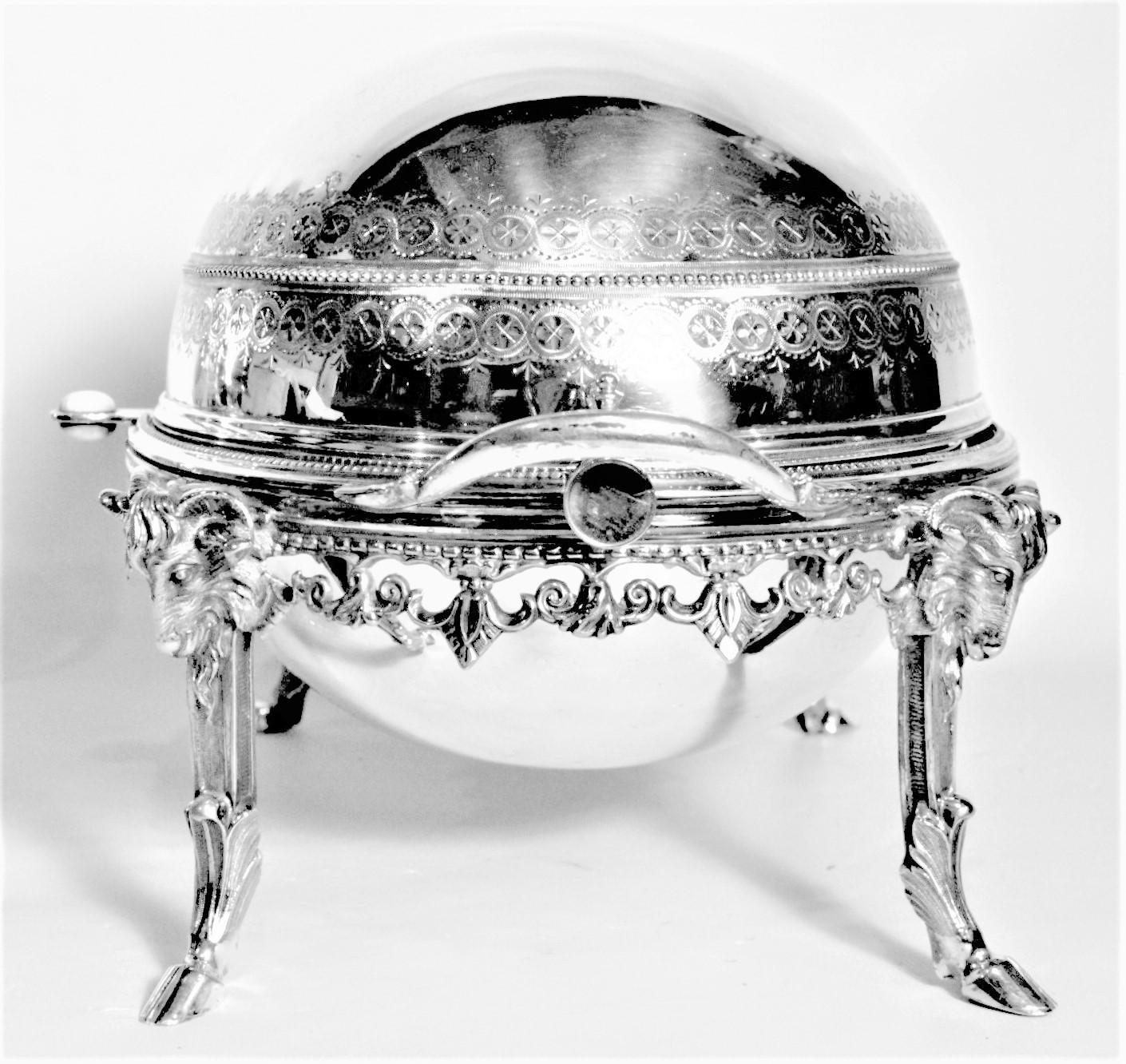 Metal Antique English Silver Plated Revolving Breakfast Dome with Figural Ram Accents For Sale