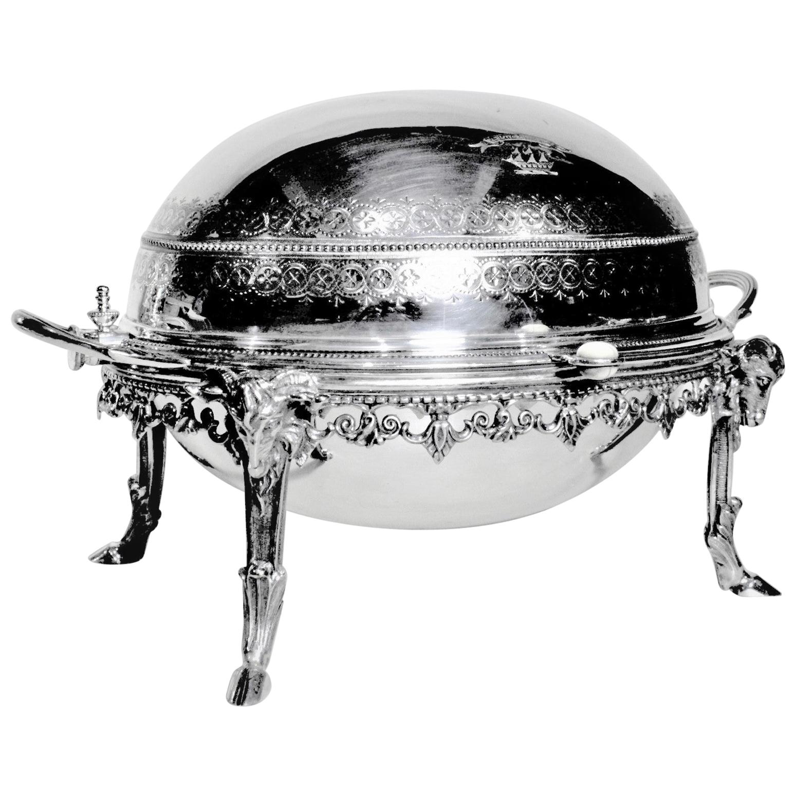 Antique English Silver Plated Revolving Breakfast Dome with Figural Ram Accents For Sale