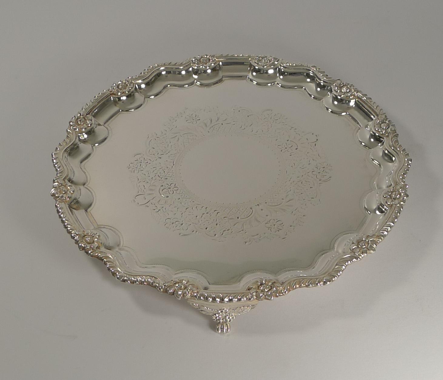 Antique English Silver Plated Salver or Tray by James Deakin, circa 1880 5