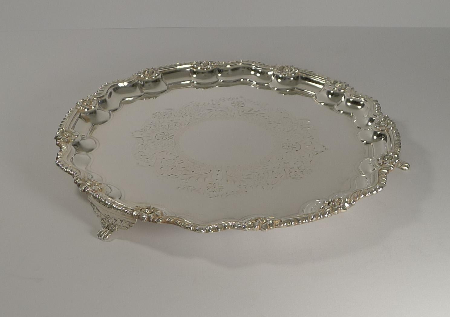 Antique English Silver Plated Salver or Tray by James Deakin, circa 1880 4