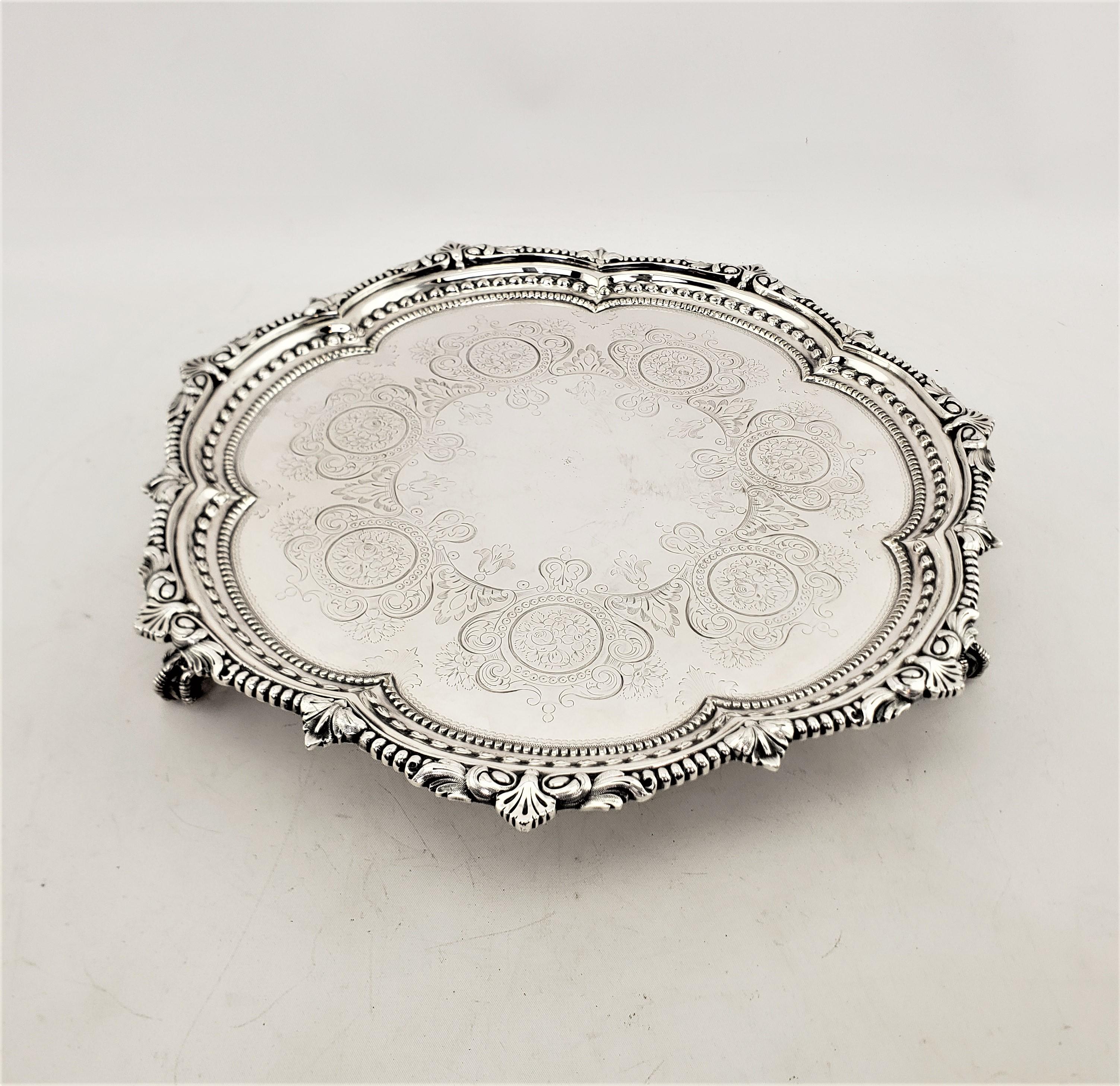 Antique English Silver Plated Serving Tray with Beaded Decoration & Claw Feet 6