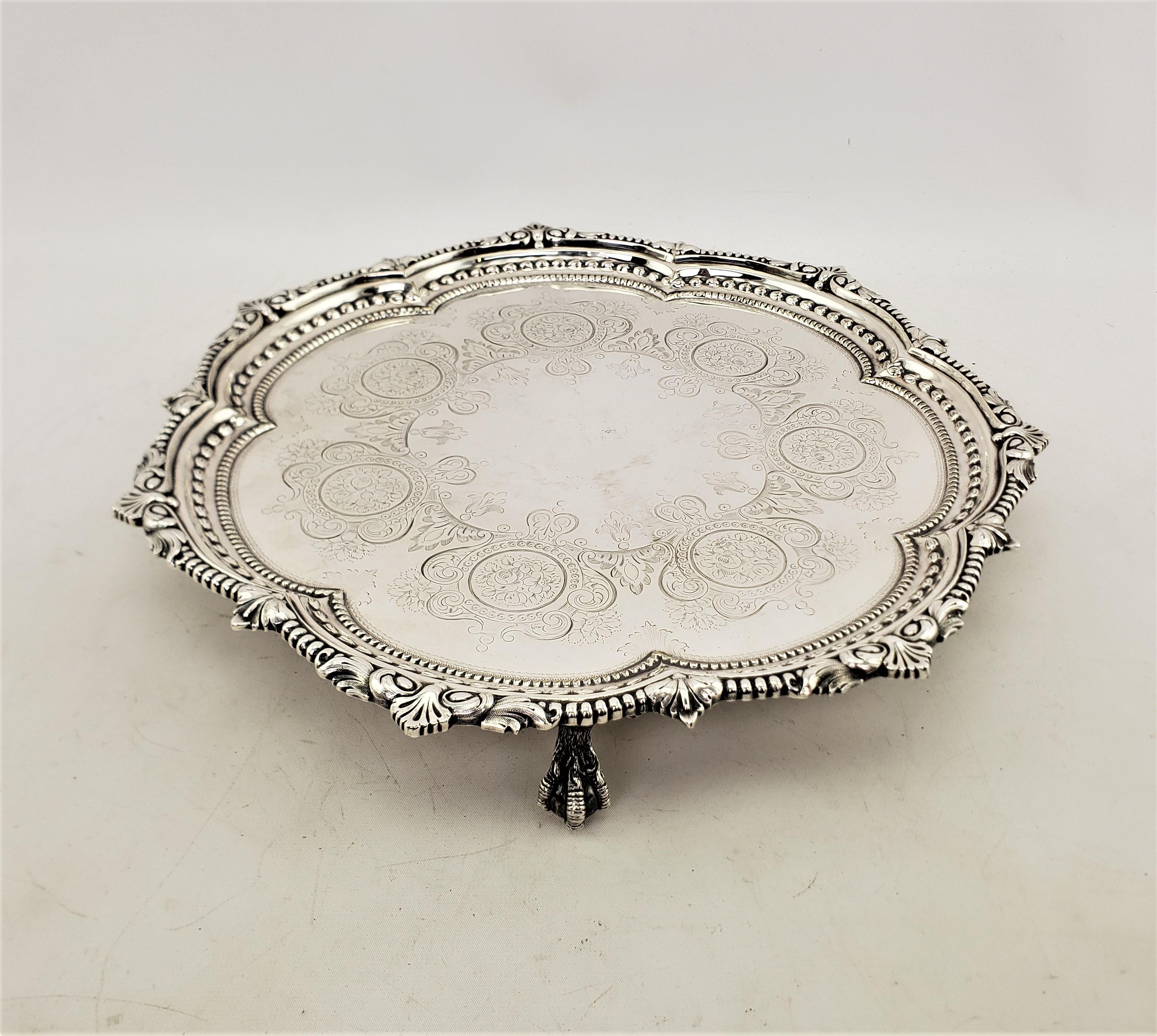 Victorian Antique English Silver Plated Serving Tray with Beaded Decoration & Claw Feet