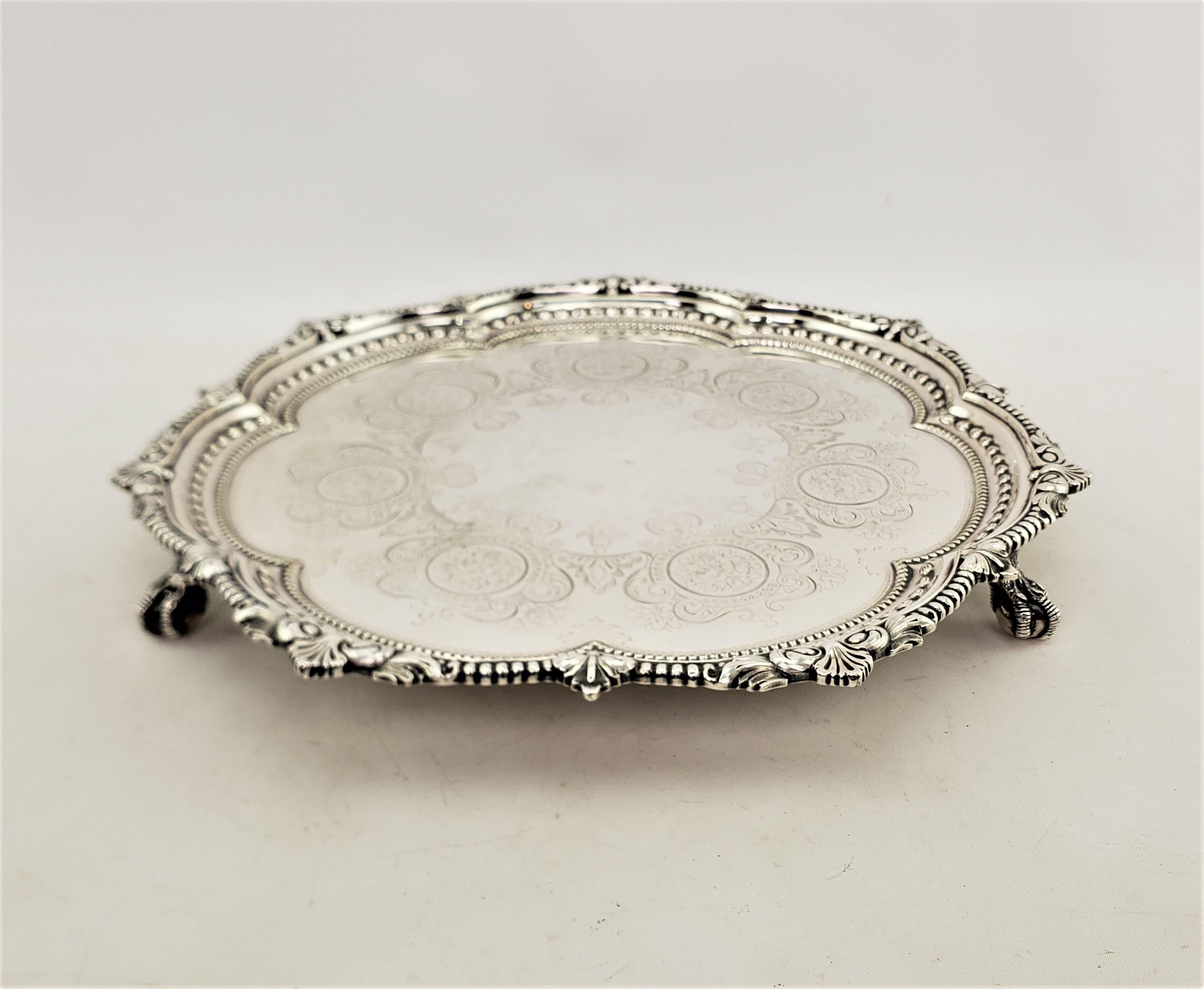 Machine-Made Antique English Silver Plated Serving Tray with Beaded Decoration & Claw Feet