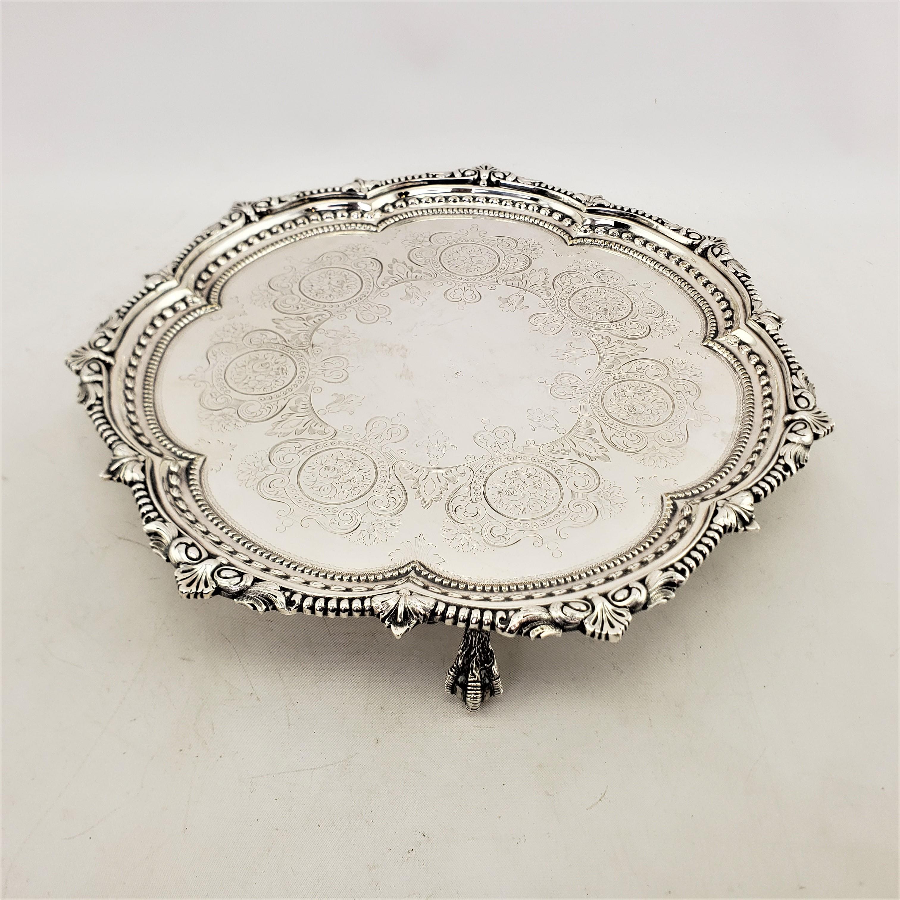 Antique English Silver Plated Serving Tray with Beaded Decoration & Claw Feet In Good Condition In Hamilton, Ontario