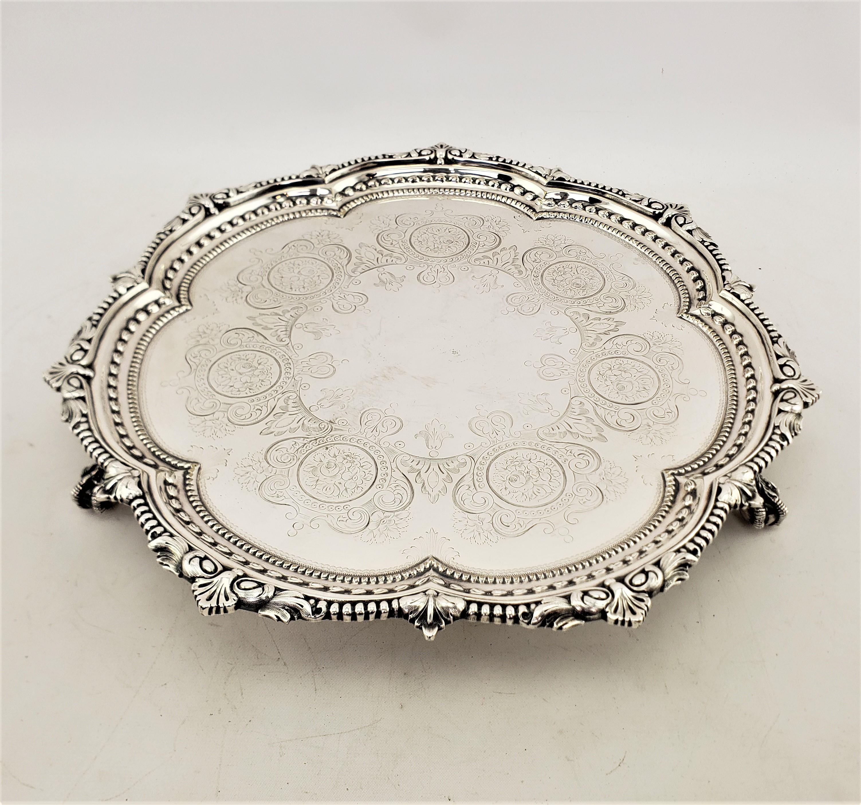 20th Century Antique English Silver Plated Serving Tray with Beaded Decoration & Claw Feet