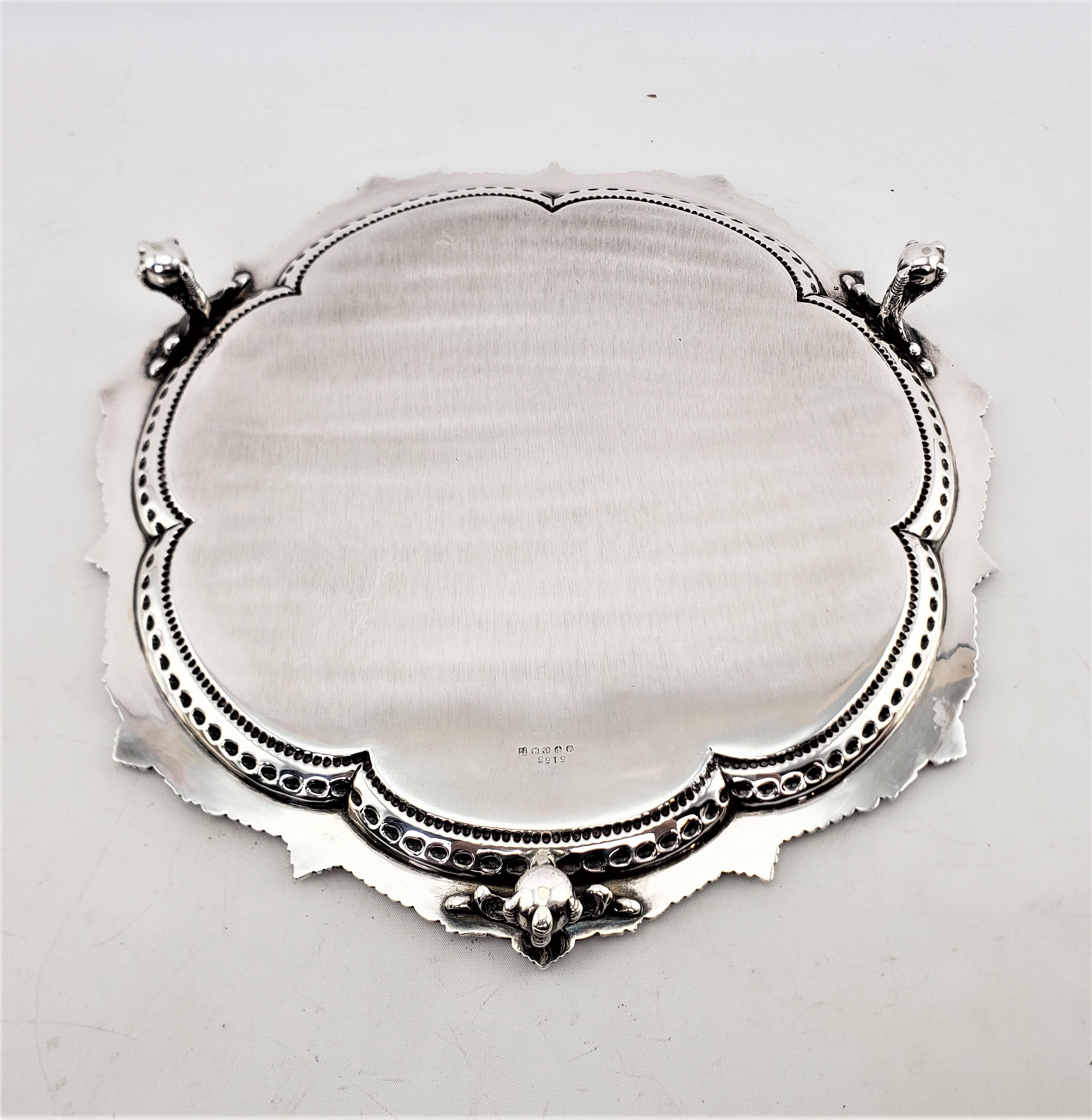 Antique English Silver Plated Serving Tray with Beaded Decoration & Claw Feet 1