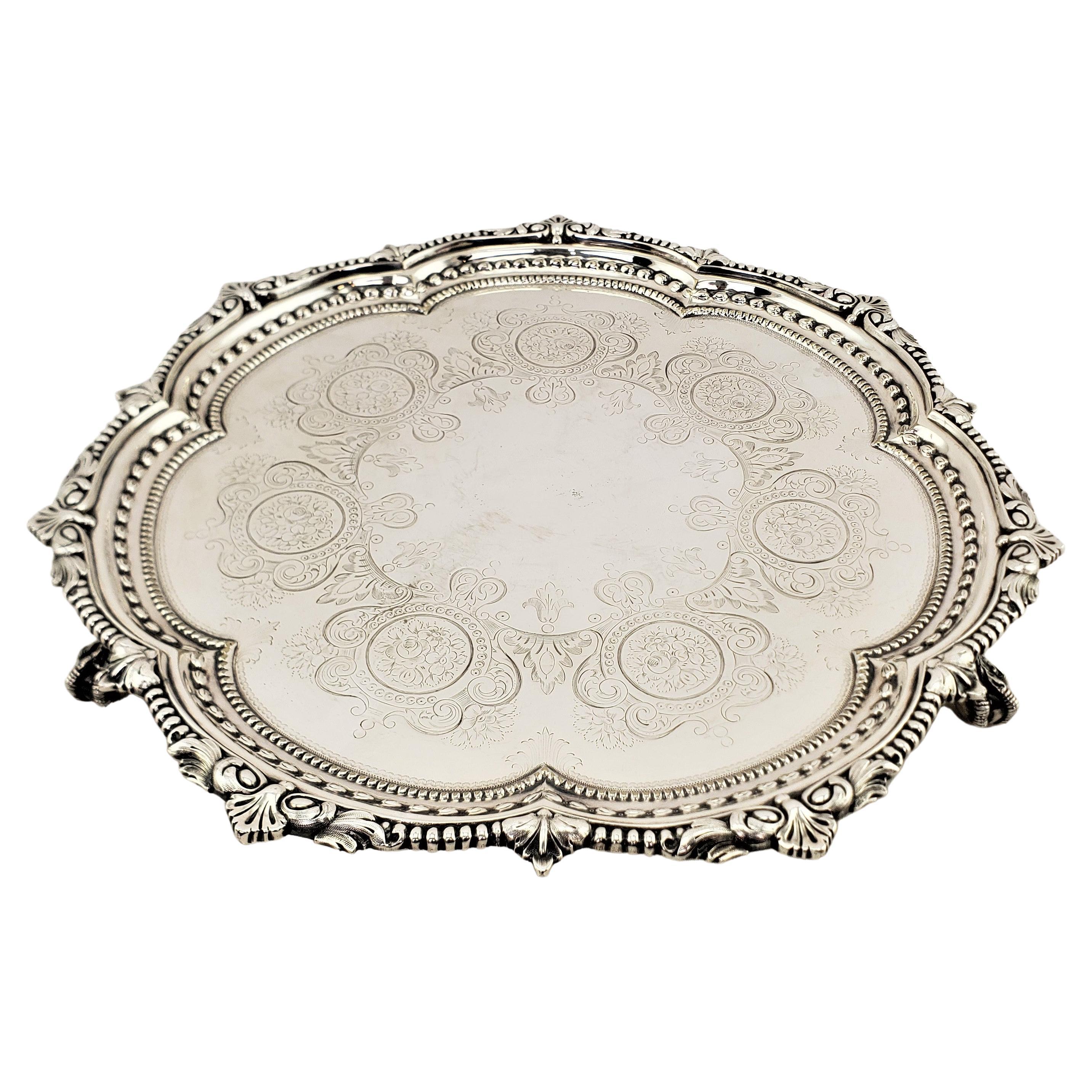 Antique English Silver Plated Serving Tray with Beaded Decoration & Claw Feet
