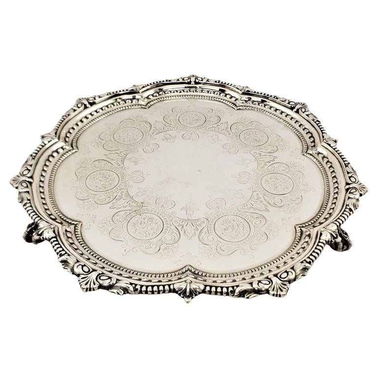 Antique English Silver Plated Serving Tray with Beaded Decoration and