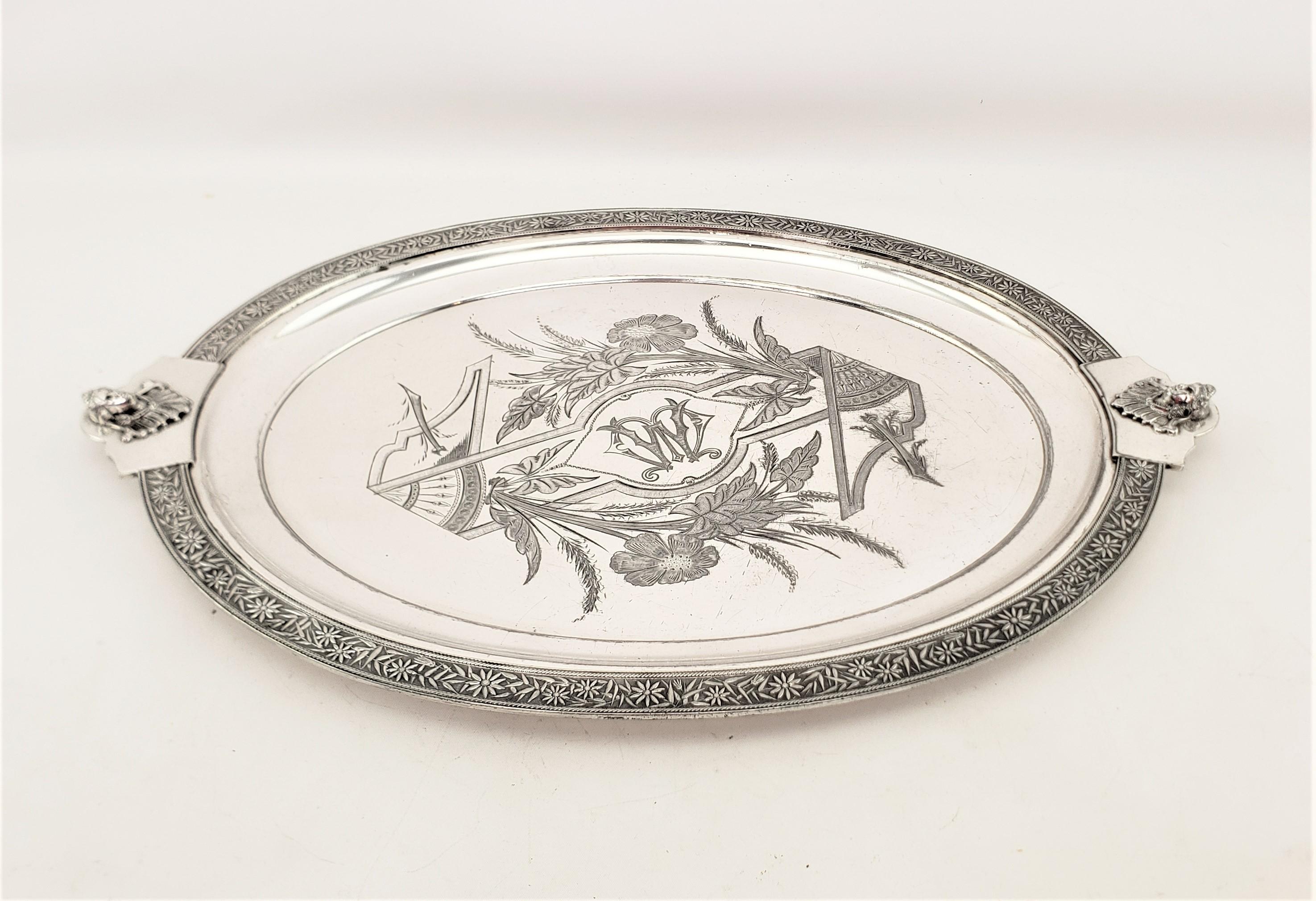 Neoclassical Revival Antique English Silver Plated Serving Tray with Neoclassical Styled Decoration For Sale
