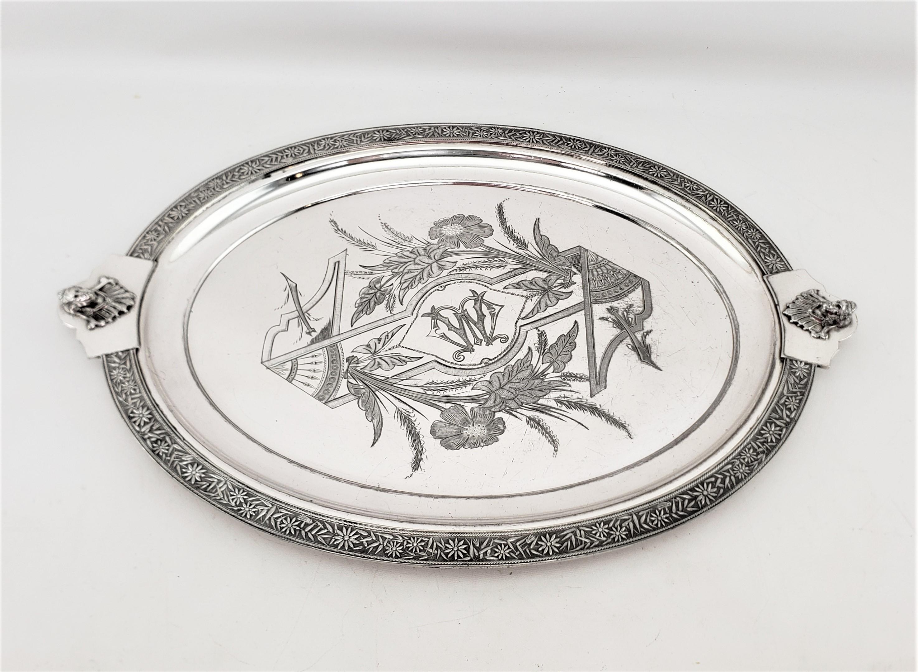 Machine-Made Antique English Silver Plated Serving Tray with Neoclassical Styled Decoration For Sale