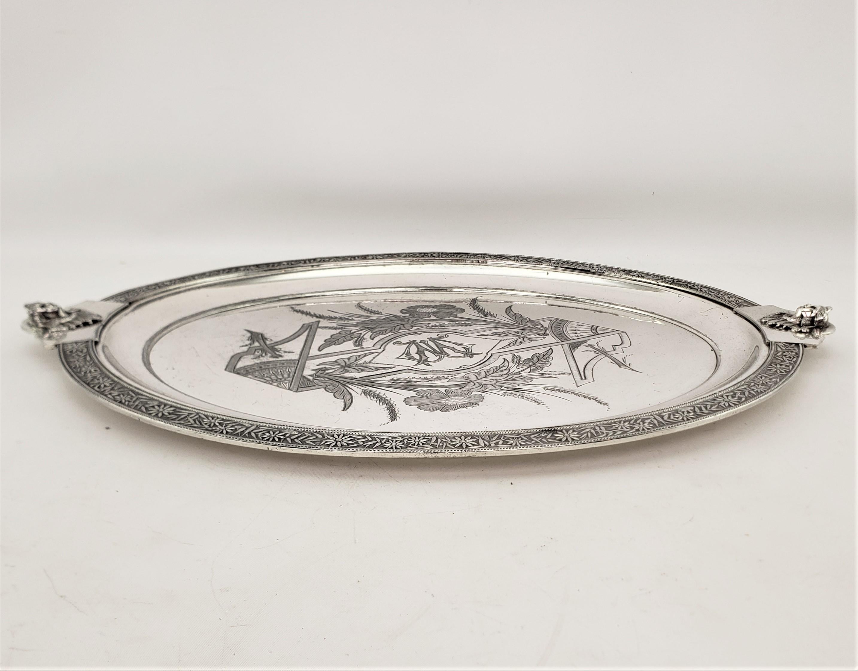 Antique English Silver Plated Serving Tray with Neoclassical Styled Decoration In Good Condition For Sale In Hamilton, Ontario