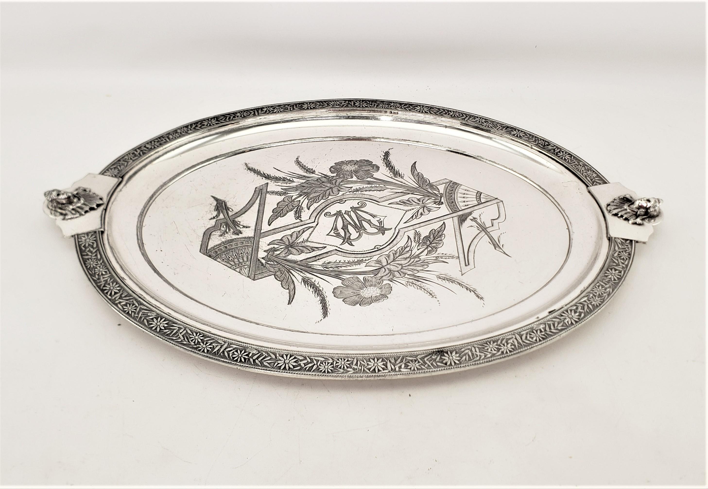 Antique English Silver Plated Serving Tray with Neoclassical Styled Decoration For Sale 1