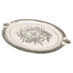 Antique English Silver Plated Serving Tray with Neoclassical Styled Decoration