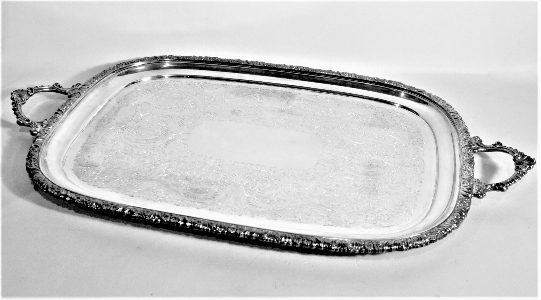 Antique English Silver Plated Serving Tray with Ornate Accents & Engraving In Good Condition In Hamilton, Ontario