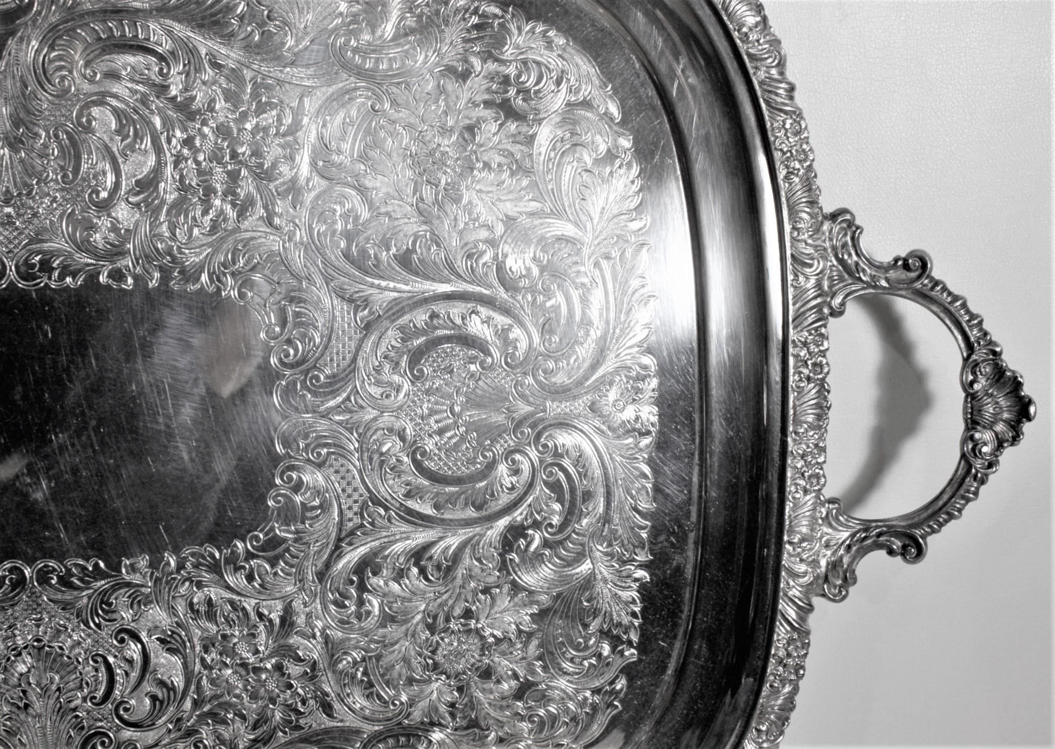 Antique English Silver Plated Serving Tray with Ornate Accents & Engraving 1