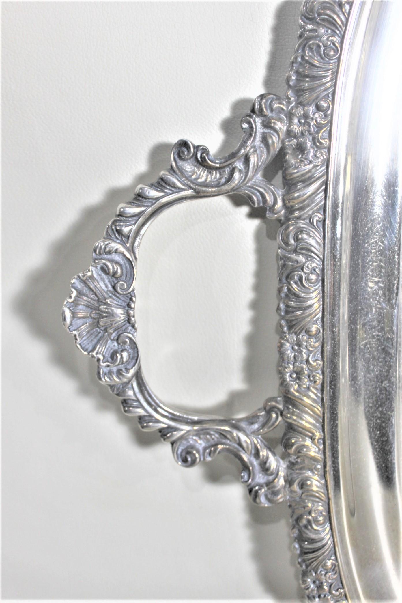 20th Century Antique English Silver Plated Serving Tray with Ornate Accents & Engraving For Sale