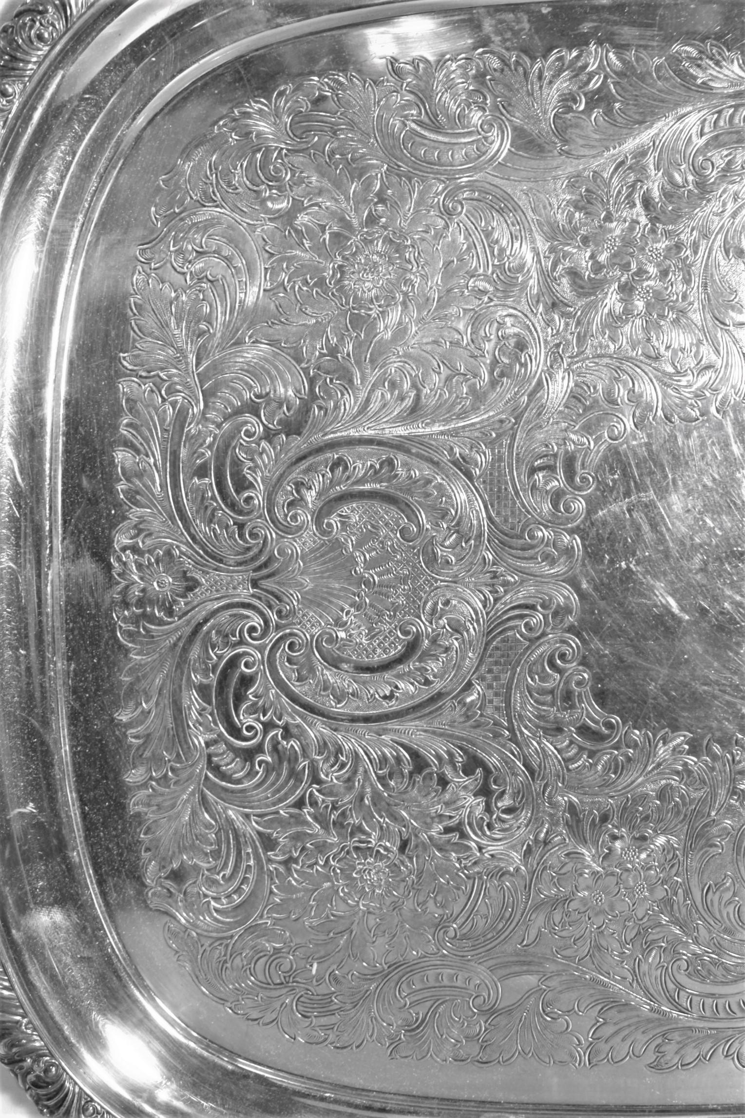 Copper Antique English Silver Plated Serving Tray with Ornate Accents & Engraving For Sale