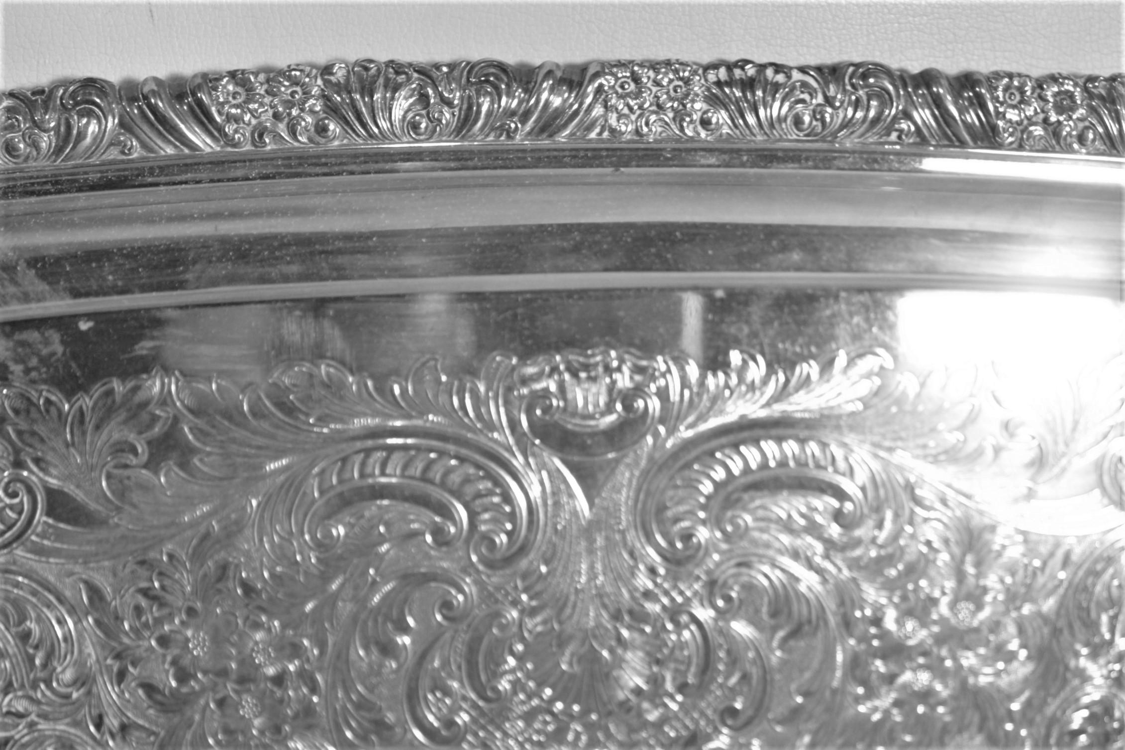 Copper Antique English Silver Plated Serving Tray with Ornate Accents & Engraving For Sale