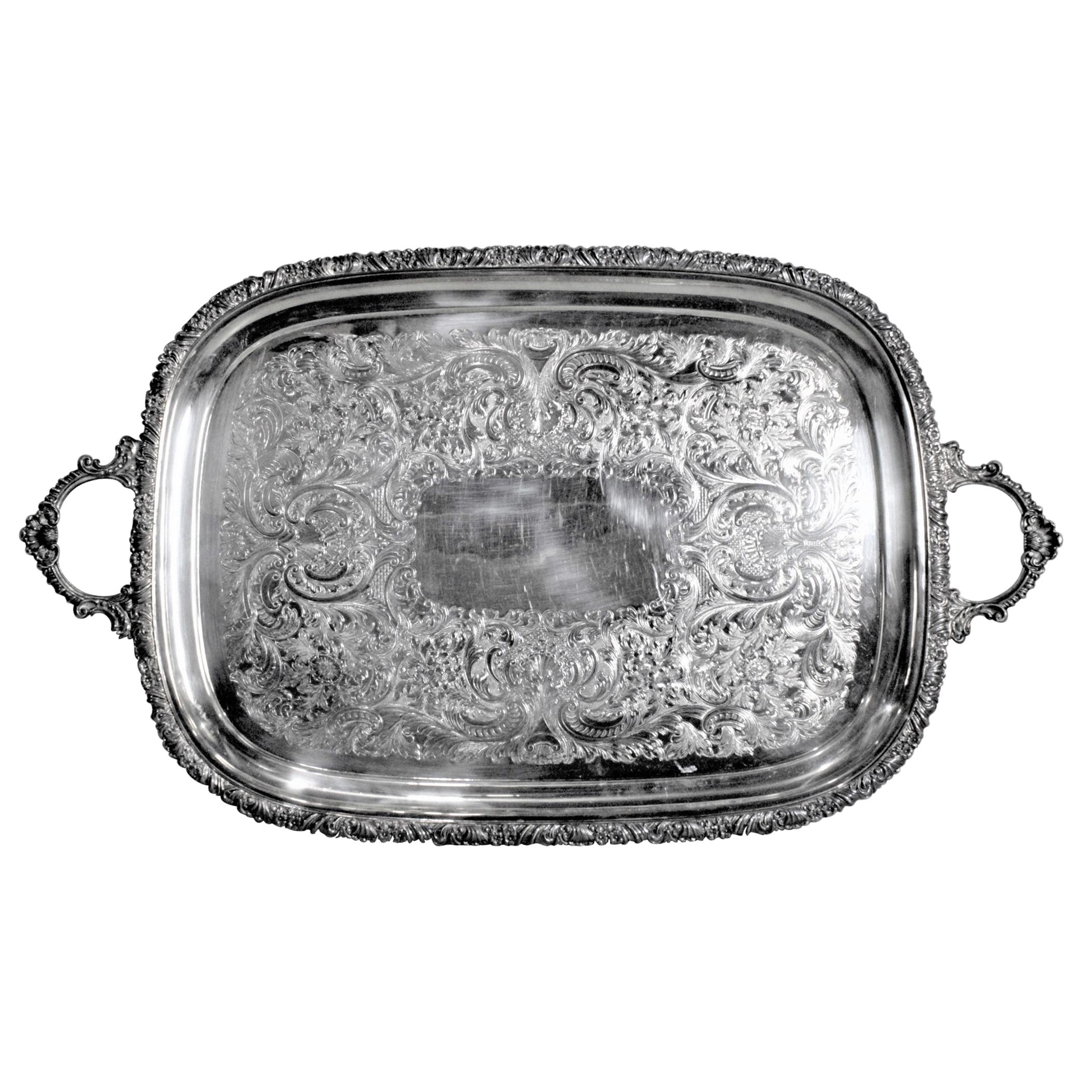 Antique English Silver Plated Serving Tray with Ornate Accents & Engraving