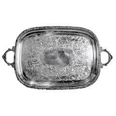 Antique plateau de service anglais plaqué argent avec accents ornés & Gravure