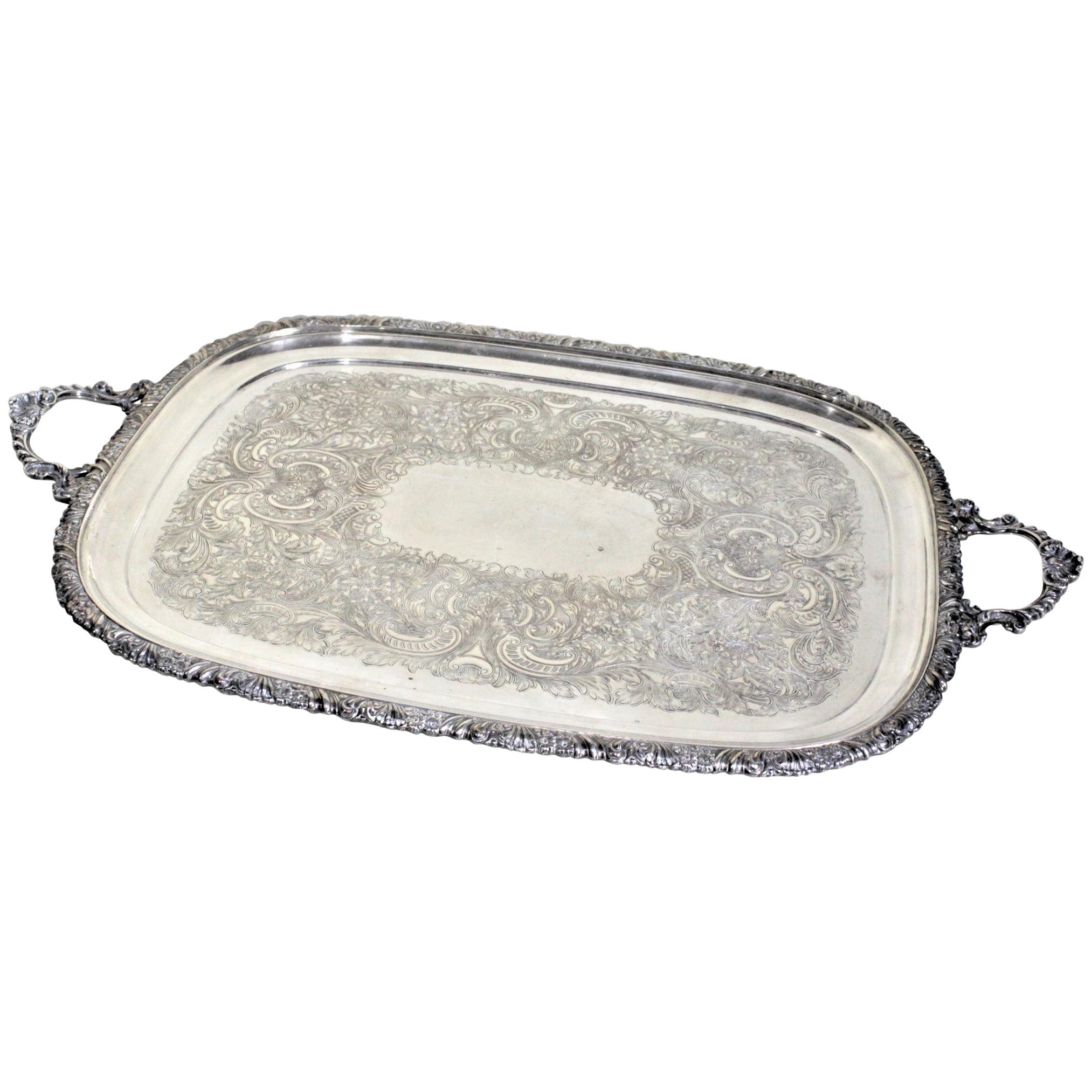 Antique English Silver Plated Serving Tray with Ornate Accents & Engraving For Sale