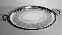 Antique English Silver Plated Serving Tray with Ornate Engraving and Handles