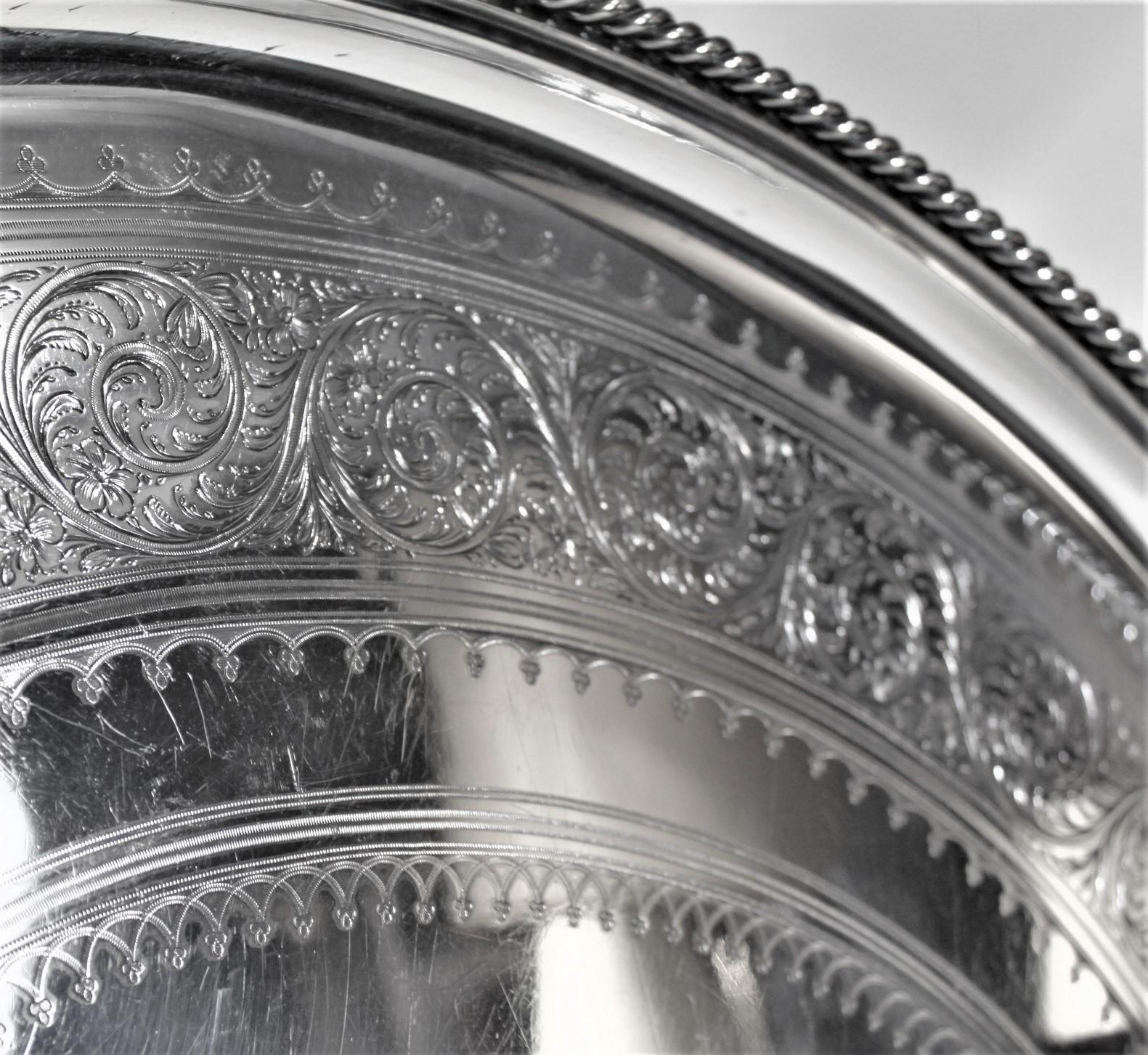 19th Century Antique English Silver Plated Serving Tray with Ornate Engraving and Handles For Sale