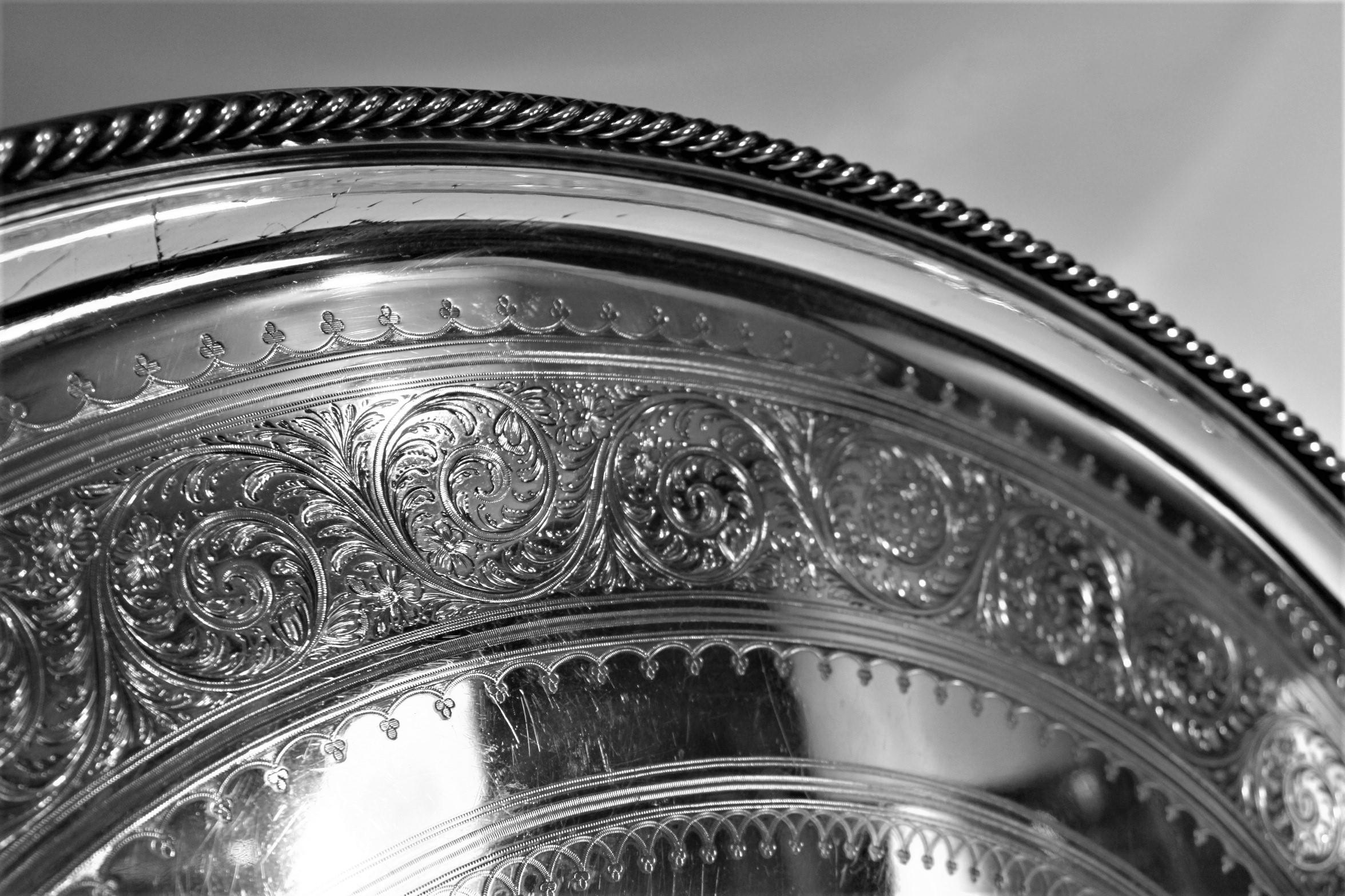 Metal Antique English Silver Plated Serving Tray with Ornate Engraving and Handles For Sale