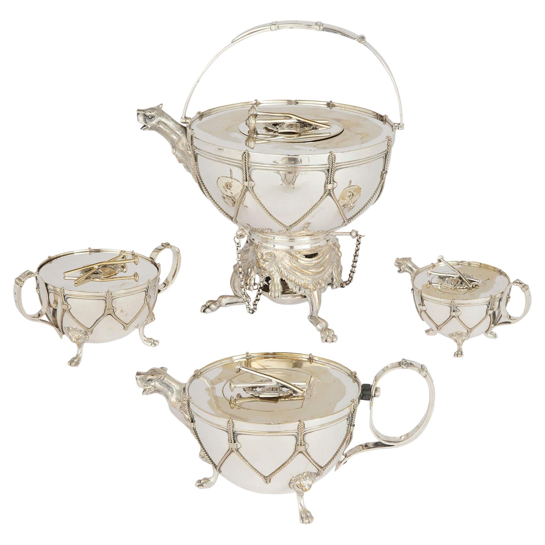 Antique English Silver-Plated Tea Coffee Set Hunting Musical Thomas Harwood Sons