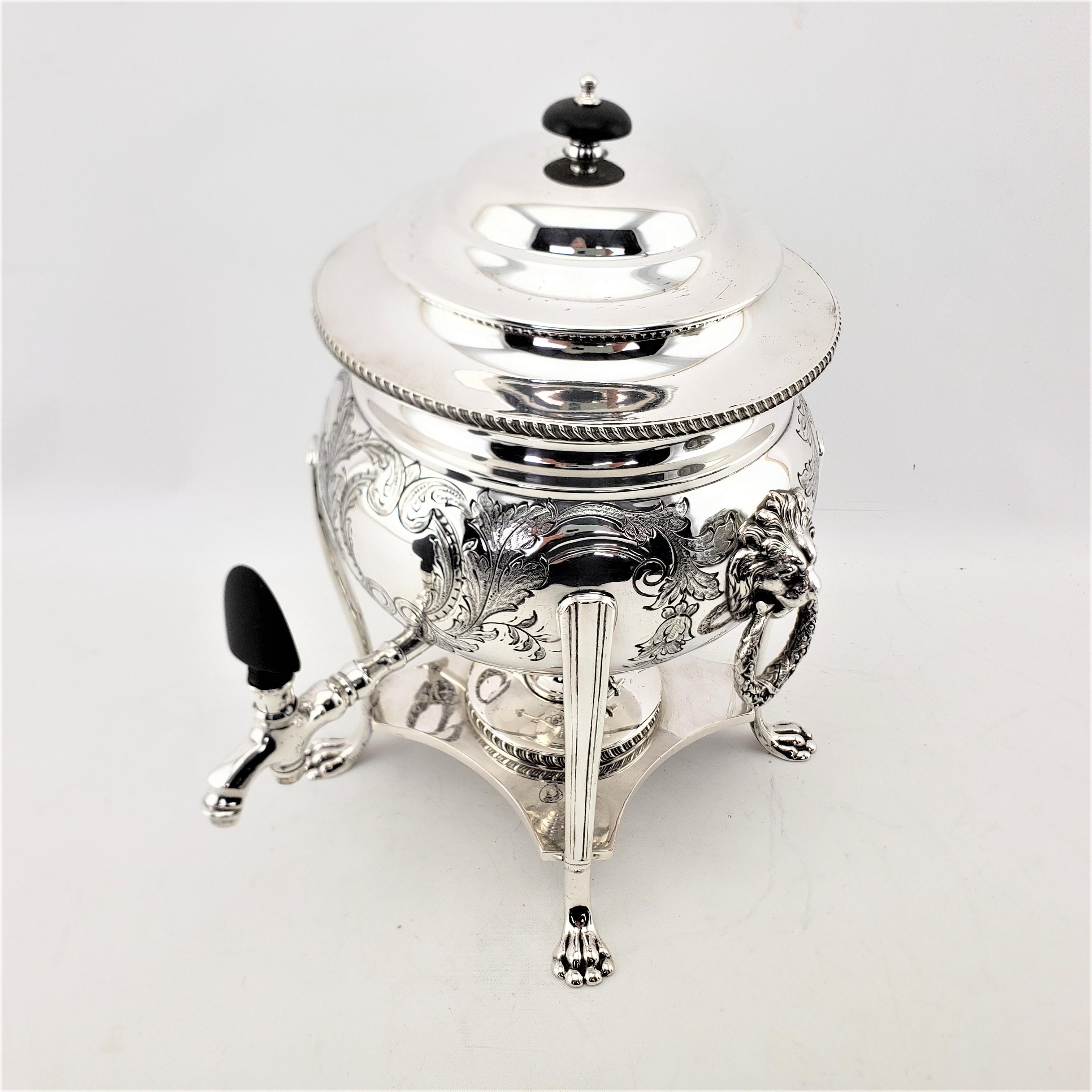 Victorian Antique English Silver Plated Tea or Hot Water Urn with Lion Mounts & Engraving