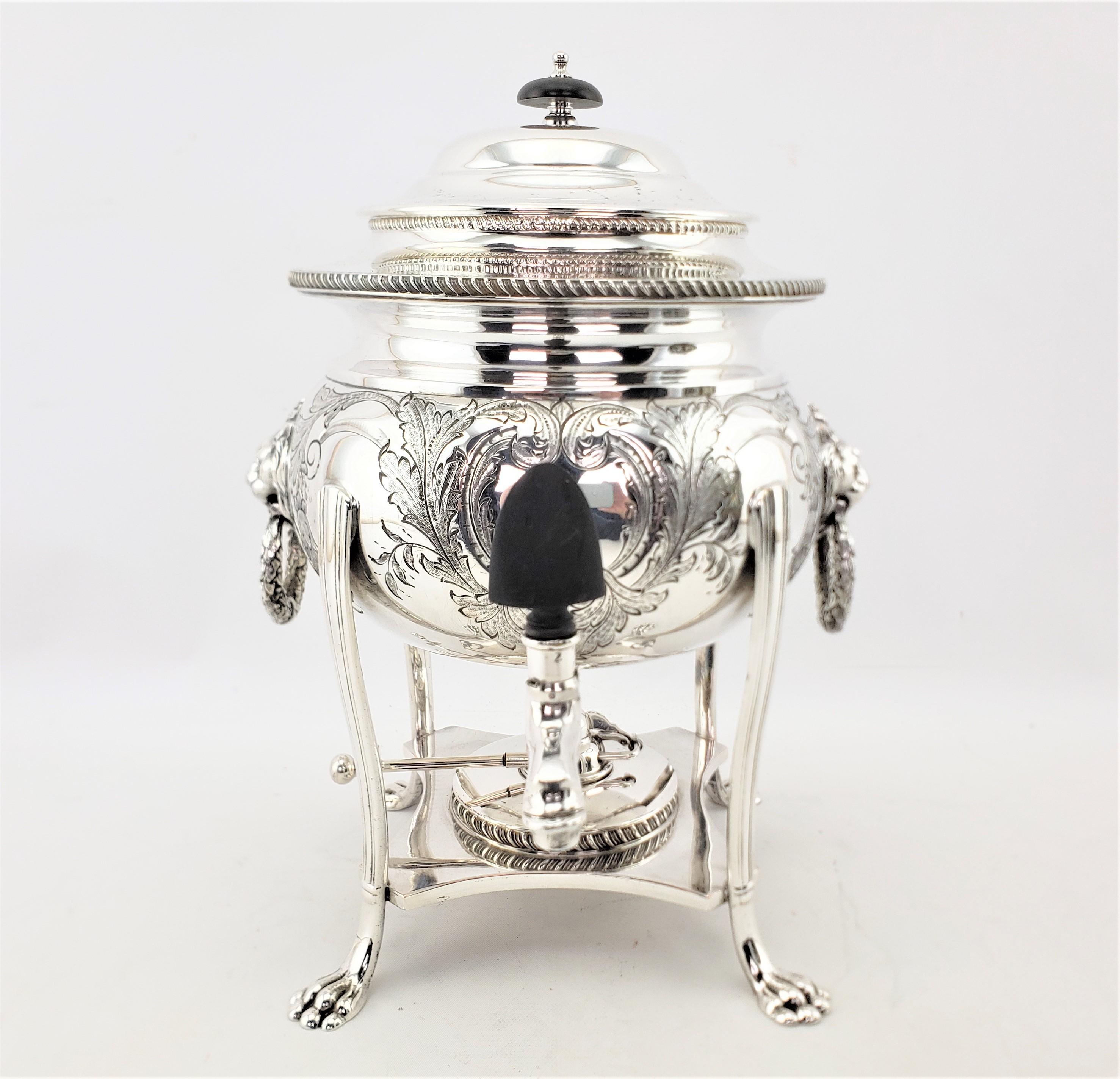 Machine-Made Antique English Silver Plated Tea or Hot Water Urn with Lion Mounts & Engraving