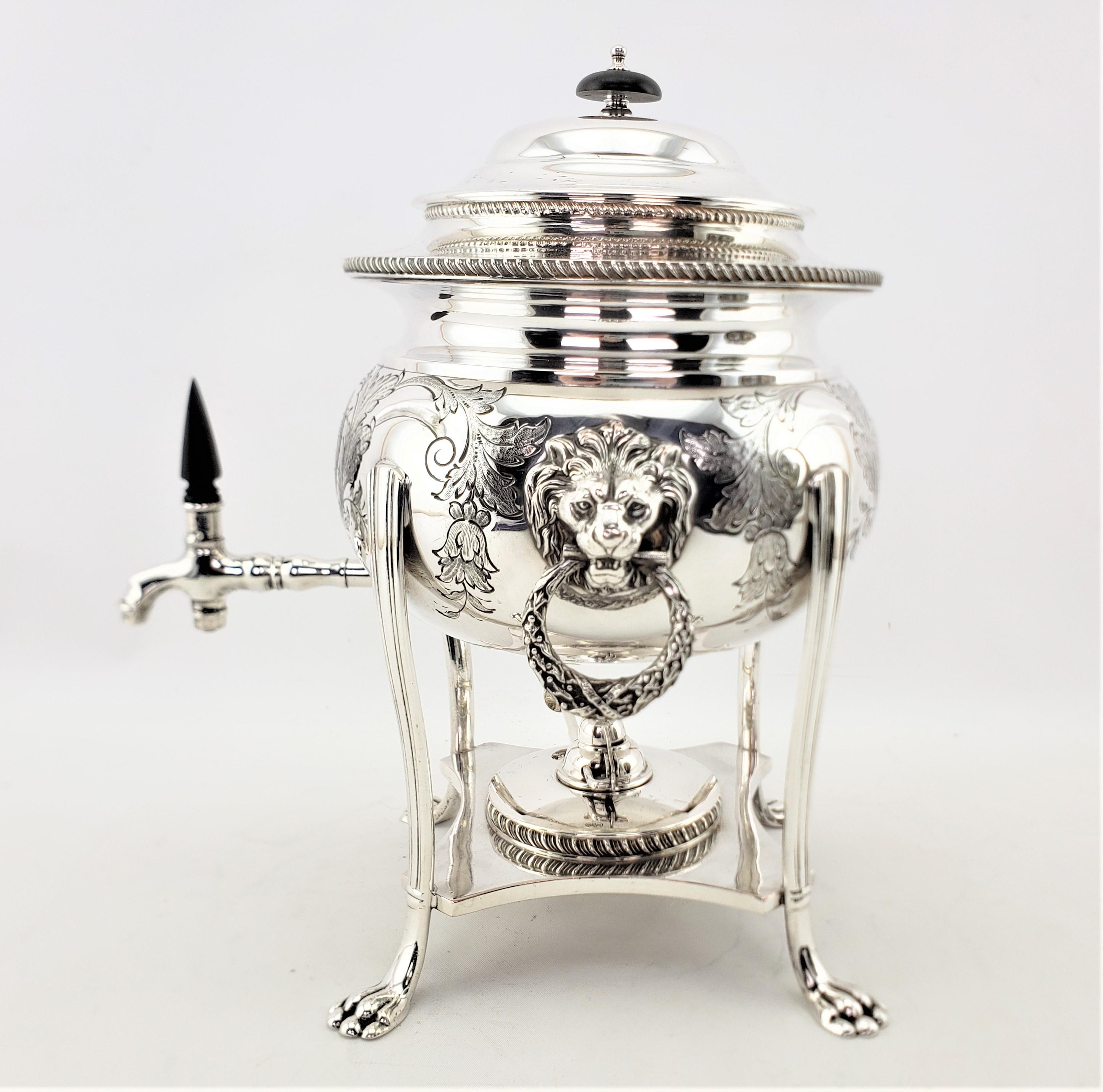 Antique English Silver Plated Tea or Hot Water Urn with Lion Mounts & Engraving In Good Condition In Hamilton, Ontario