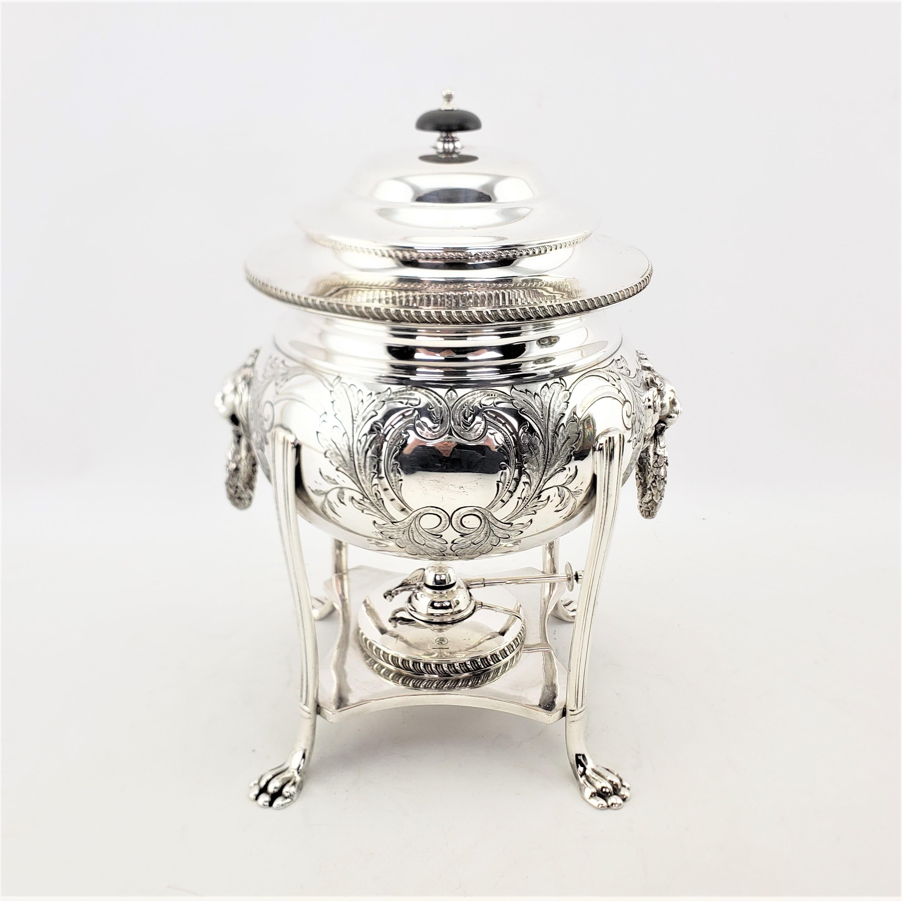 20th Century Antique English Silver Plated Tea or Hot Water Urn with Lion Mounts & Engraving