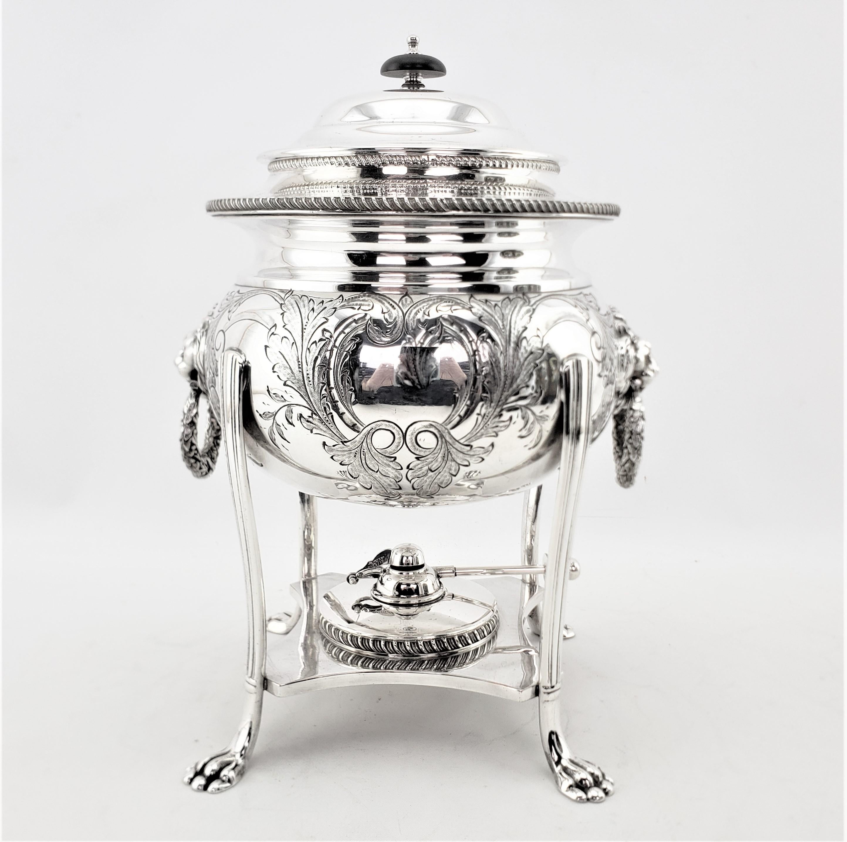 Antique English Silver Plated Tea or Hot Water Urn with Lion Mounts & Engraving 1