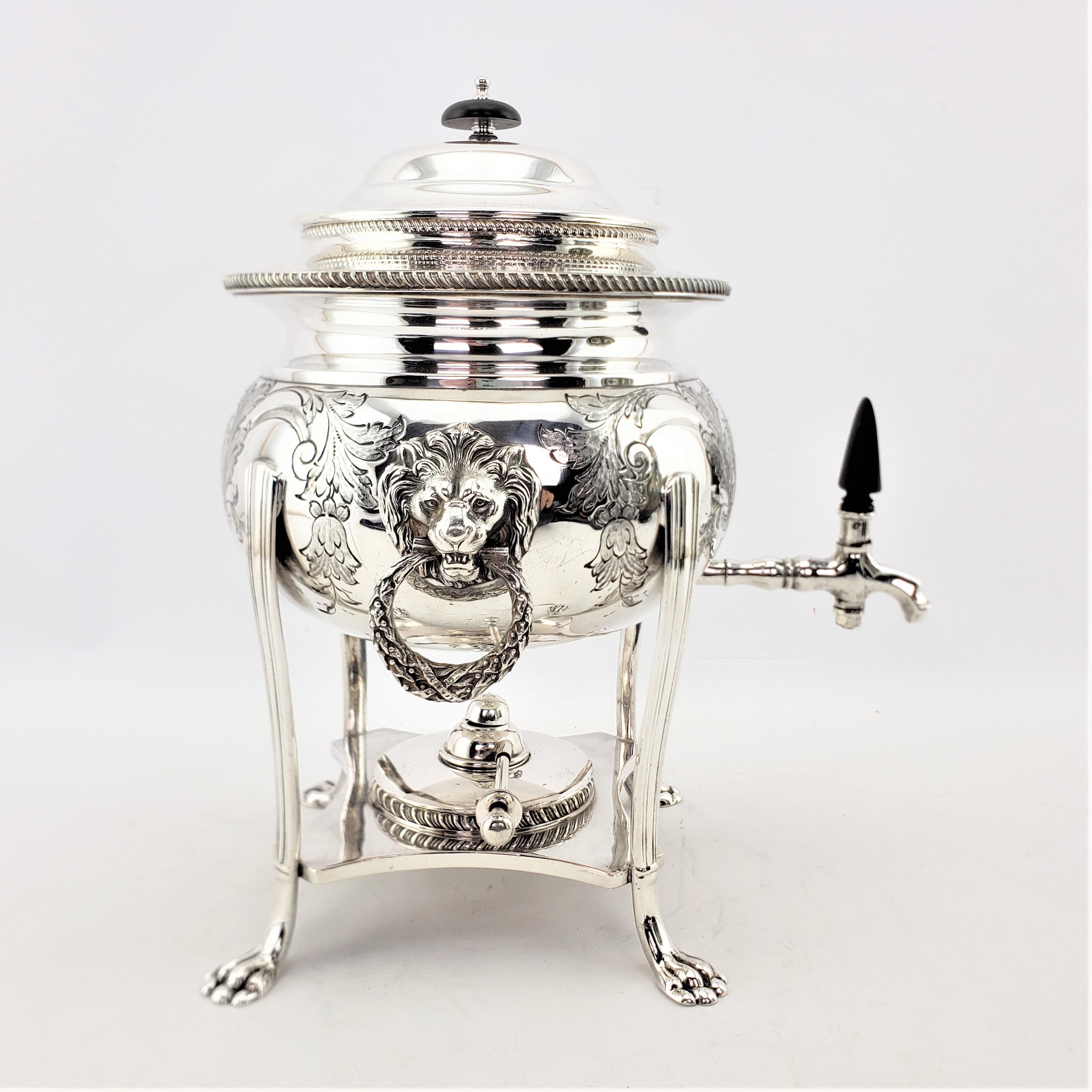 Antique English Silver Plated Tea or Hot Water Urn with Lion Mounts & Engraving 2