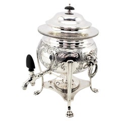 Antique English Silver Plated Tea or Hot Water Urn with Lion Mounts & Engraving
