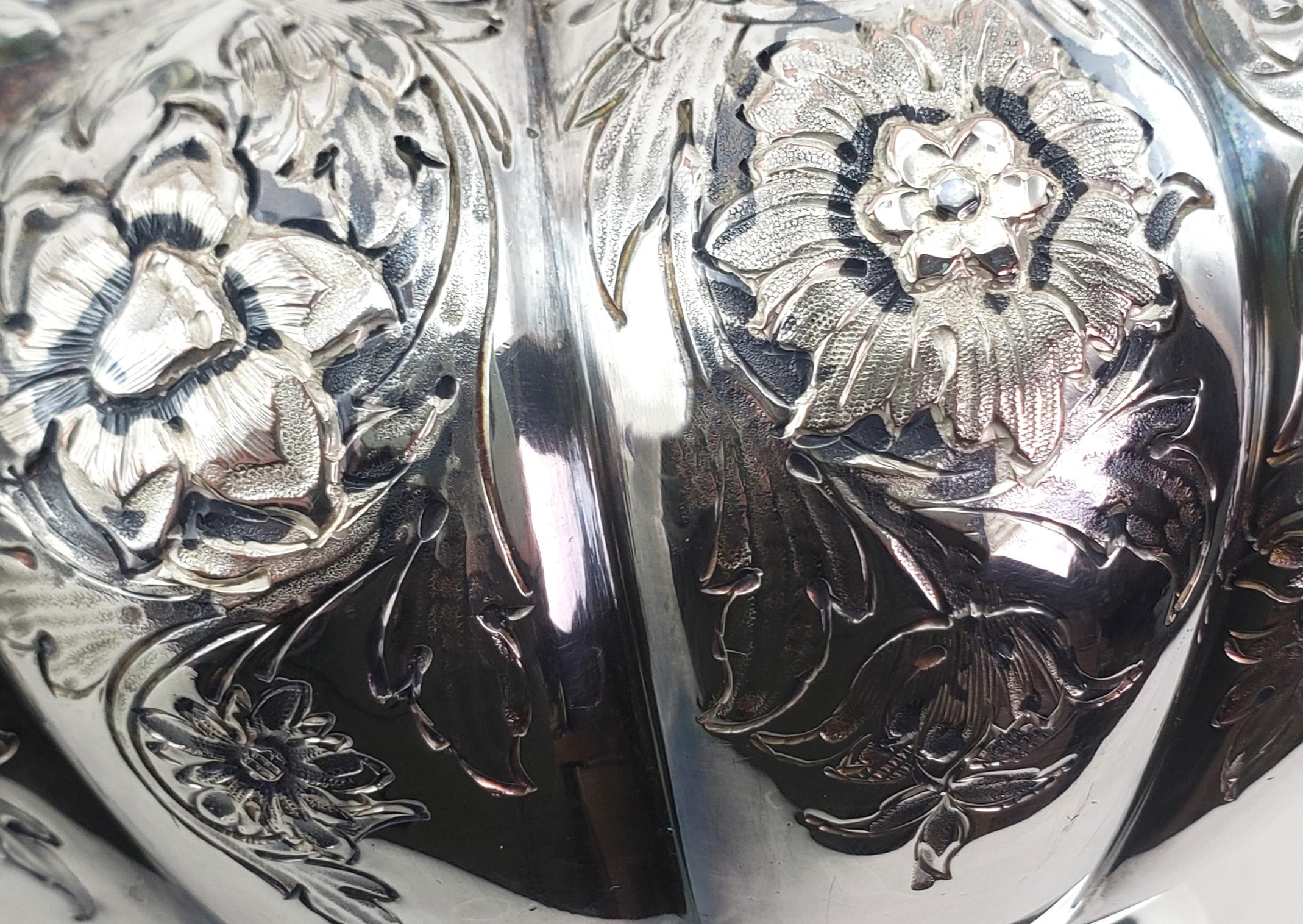 Antique English Silver Plated Tipping Hot Water Kettle with Chased Floral Motif For Sale 5